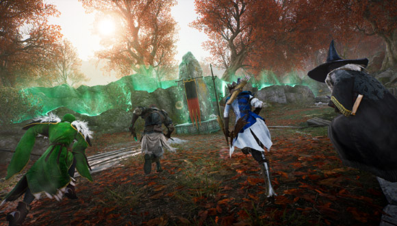 Imagem de dentro do jogo de dois jogadores sendo perseguidos por inimigos e correndo em direção a uma névoa verde 