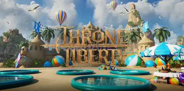 Fantasy beach scene with "Throne and Liberty" logo, hot air balloons, turquoise pools, palm trees, and a castle-like structure against cloudy skies.