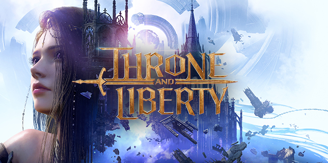 A fantasy scene from Throne and Liberty showing the game logo and woman's profile.
