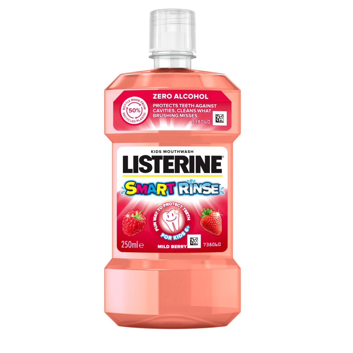 Listerine Smart Rinse Mild Mint 250ml For Kids 6+ termékfotó, Zero Alcohol és Protects teeth against cavities, cleans what brushing misses feliratokkal