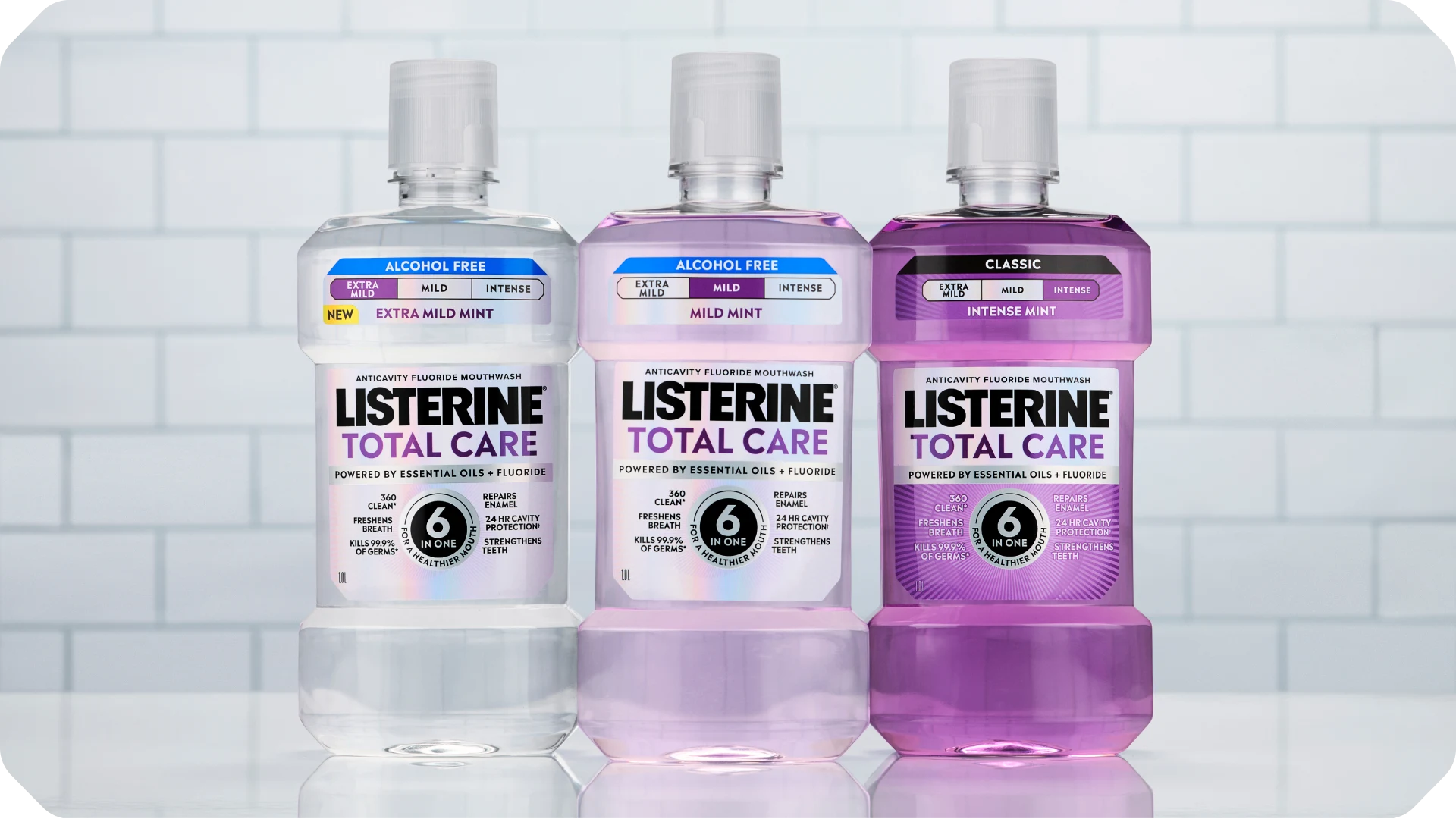 LISTERINE® Total Care products collection image, Extra Mild, Mild and Intense Mouthwashes