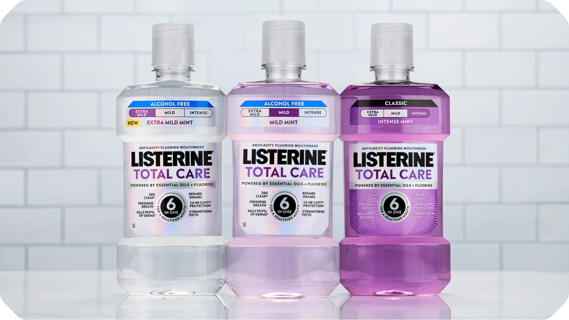 LISTERINE® Total Care products collection image, Extra Mild, Mild and Intense Mouthwashes