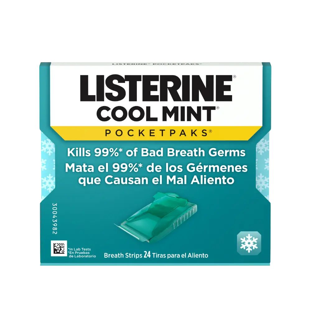 Front Pack Shot of LISTERINE® POCKETPAKS® Fresh Breath Strips COOL MINT 24 ct