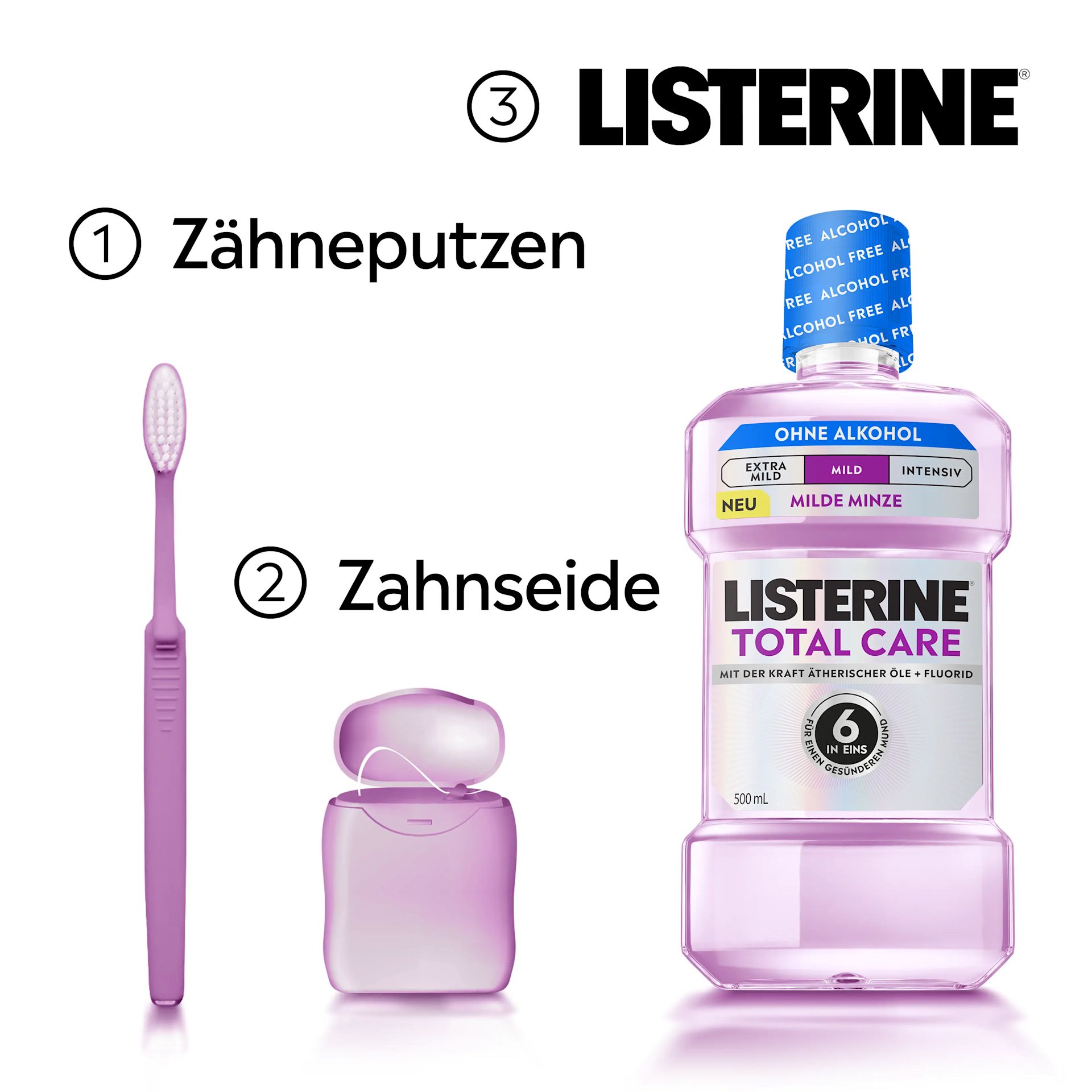 Drei Schritte der Mundpflege: 1 Zähneputzen, 2 Zahnseide, 3 LISTERINE® Total Care Mundspülung als abschließender Schritt.