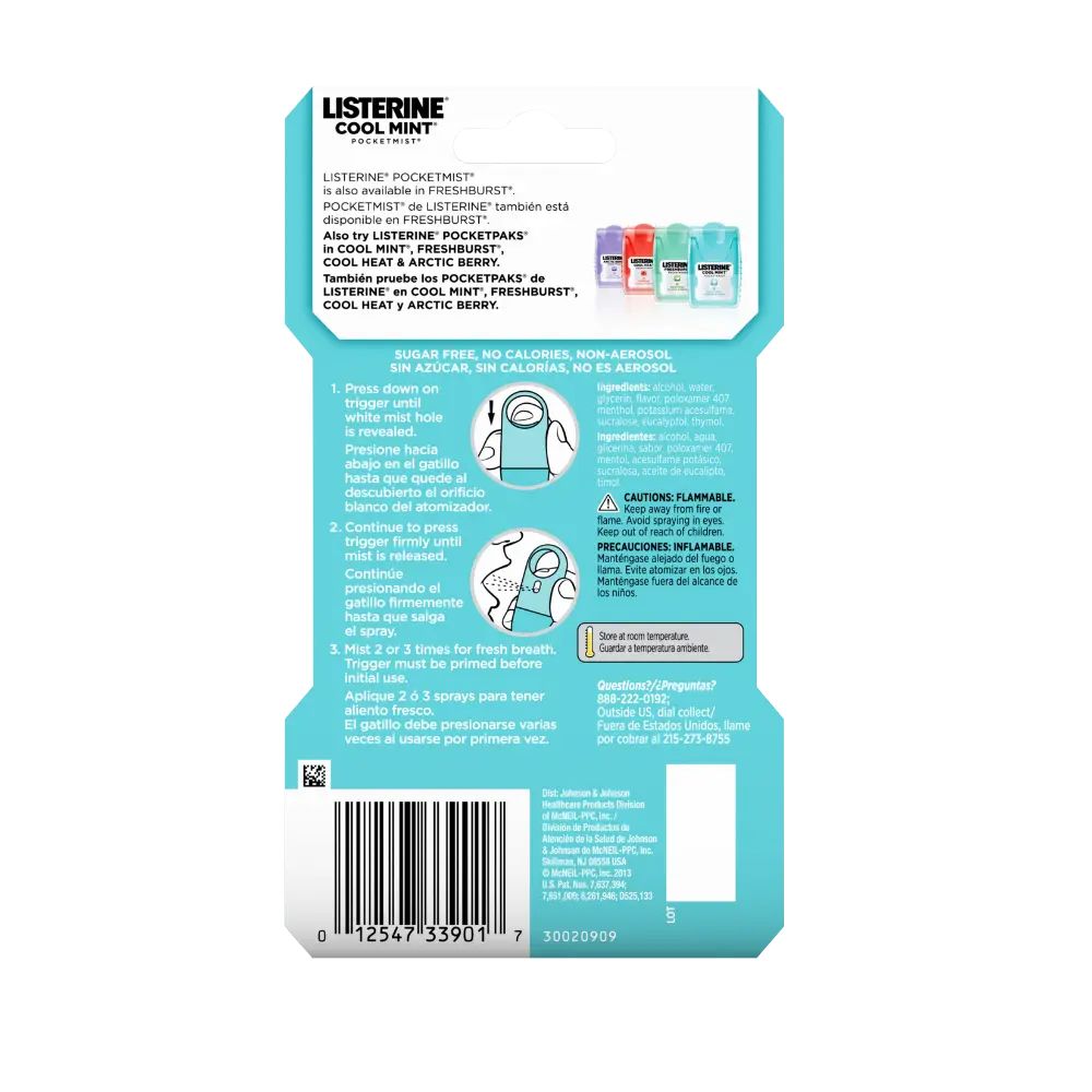 Back Pack Shot of LISTERINE® POCKETMIST® Fresh Breath Spray COOL MINT 7.7mL