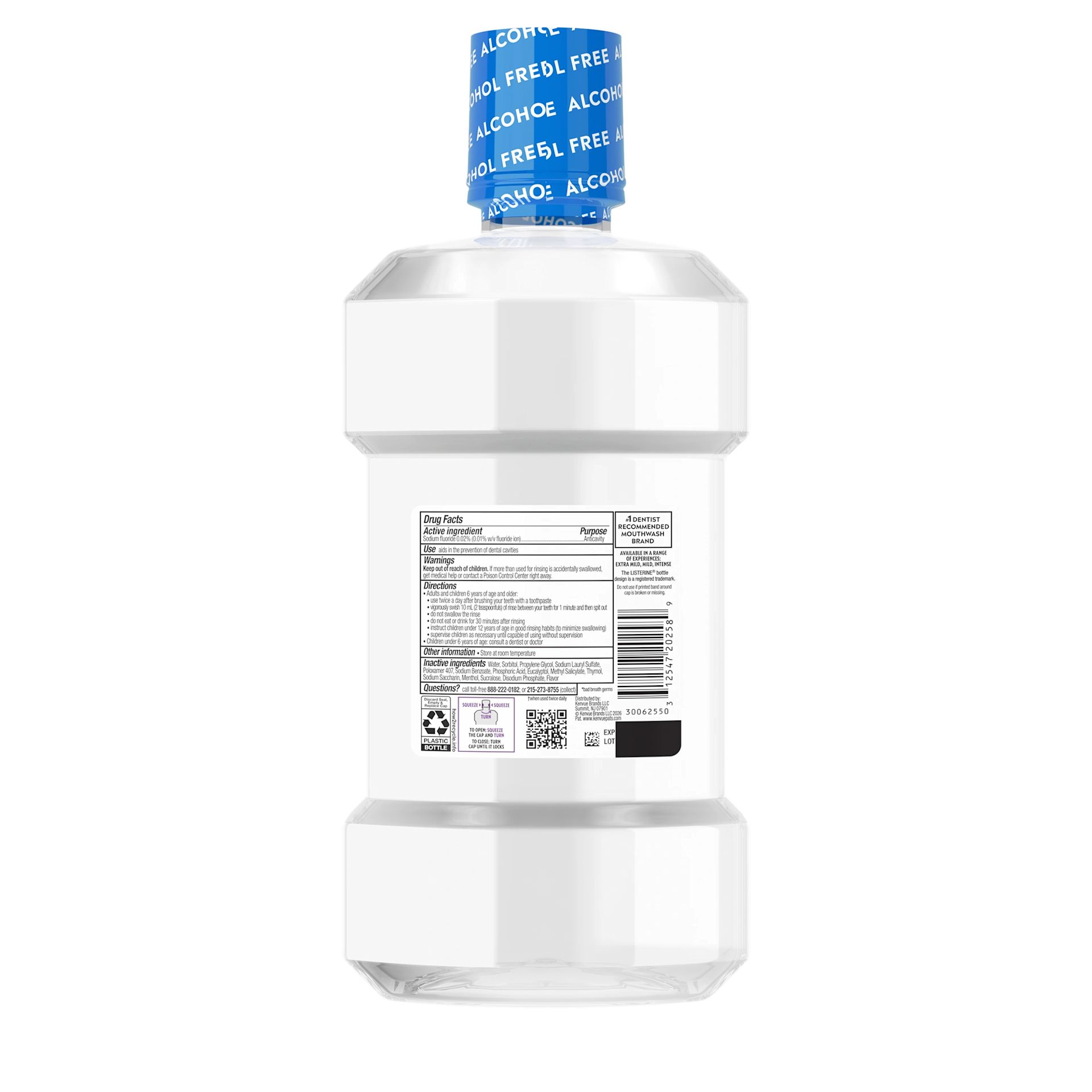 LIS US US 312547202589 522025800 759914 Total Care Alcohol Free Extra Mild 1L PR 00180 Back pack shot of LISTERINE® TOTAL CARE Alcohol-Free Mouthwash 1L