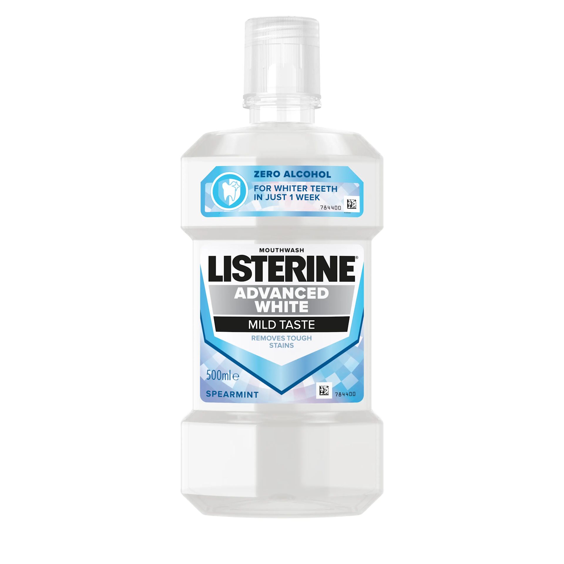 Listerine Advanced White Mild Taste 500 ml termékfotó, Zero alcohol, for whiter teeth in just 1 week, removes tough stains feliratokkal