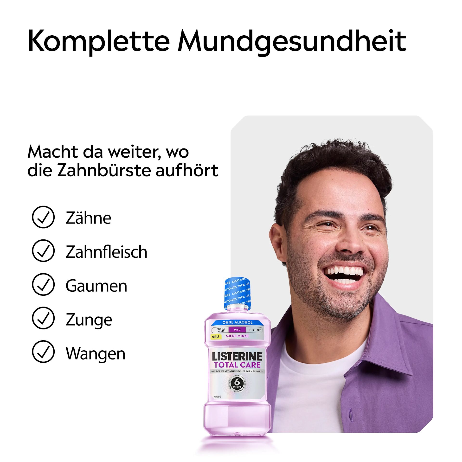 LISTERINE® Total Care mit Hinweis auf komplette Mundgesundheit für Zähne, Zahnfleisch, Gaumen, Zunge und Wangen.