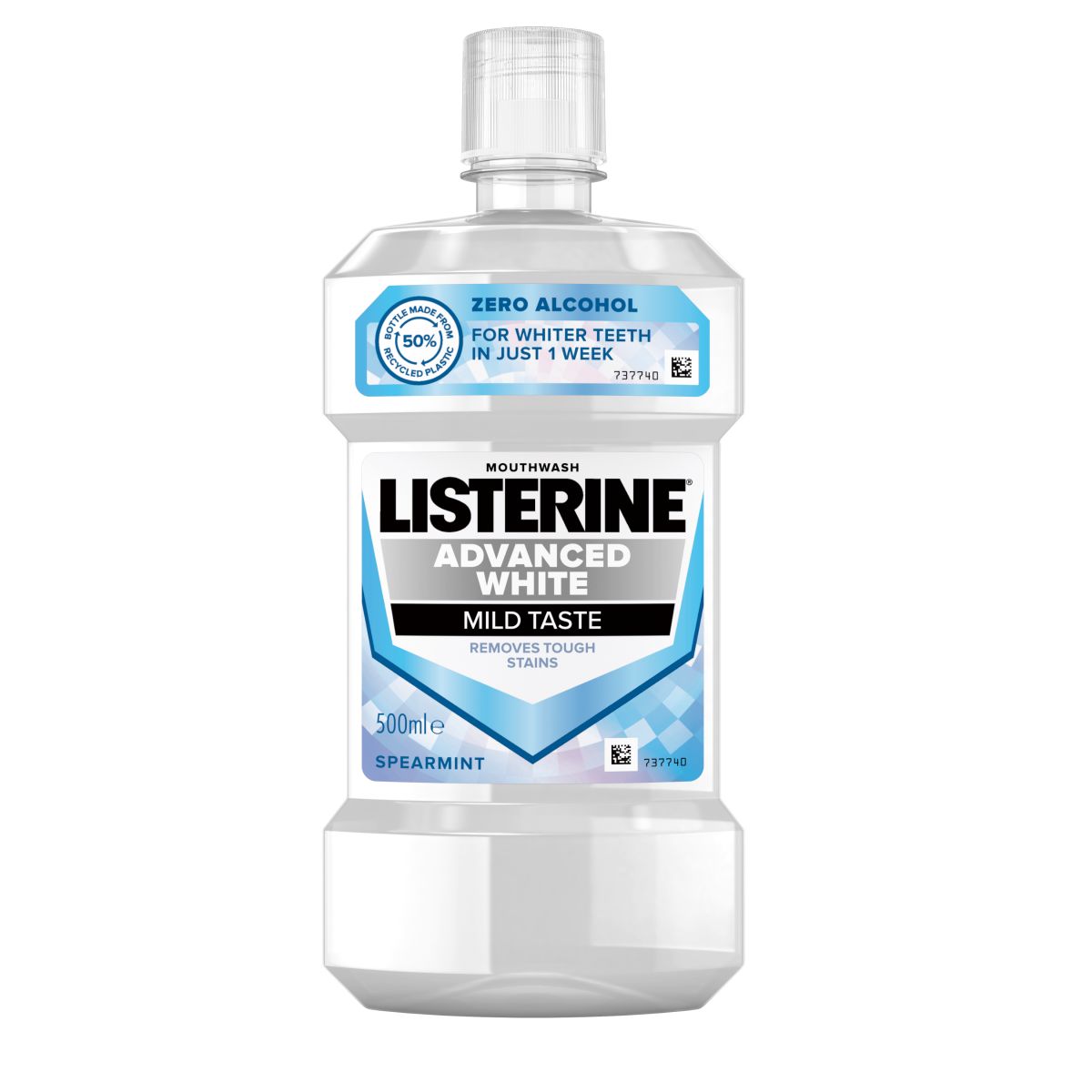 Listerine Advanced White Mild Taste 500 ml termékfotó, Zero alcohol, for whiter teeth in just 1 week, removes tough stains feliratokkal
