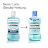 LISTERINE® COOL MINT Milde Minze ohne Alkohol im Vergleich von altem und neuem Design mit Hinweis „Neuer Look, gleiche Wirkung“.