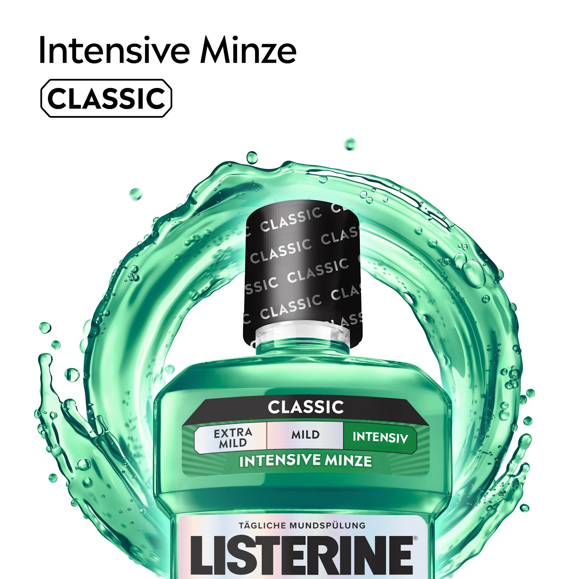 LISTERINE® Total Care Intensive Minze (Classic) Mundspülung mit Alkohol, dargestellt mit grünem Wassereffekt.