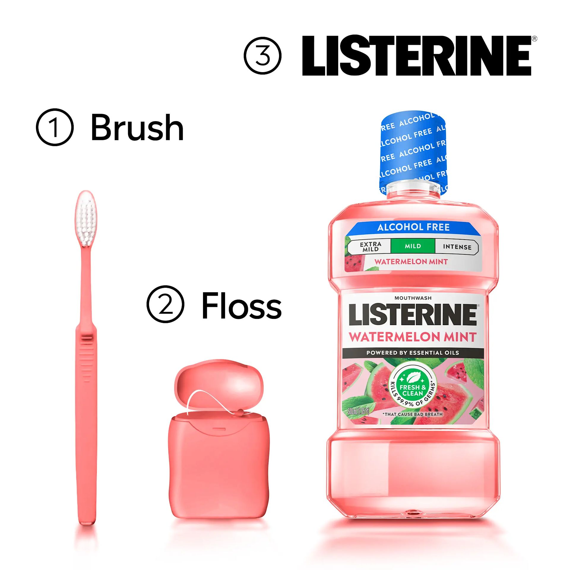 LISTERINE® Alcohol Free Watermelon Mint Mouthwash Steps, 1 brush, 2 floss and 3 Listerine!