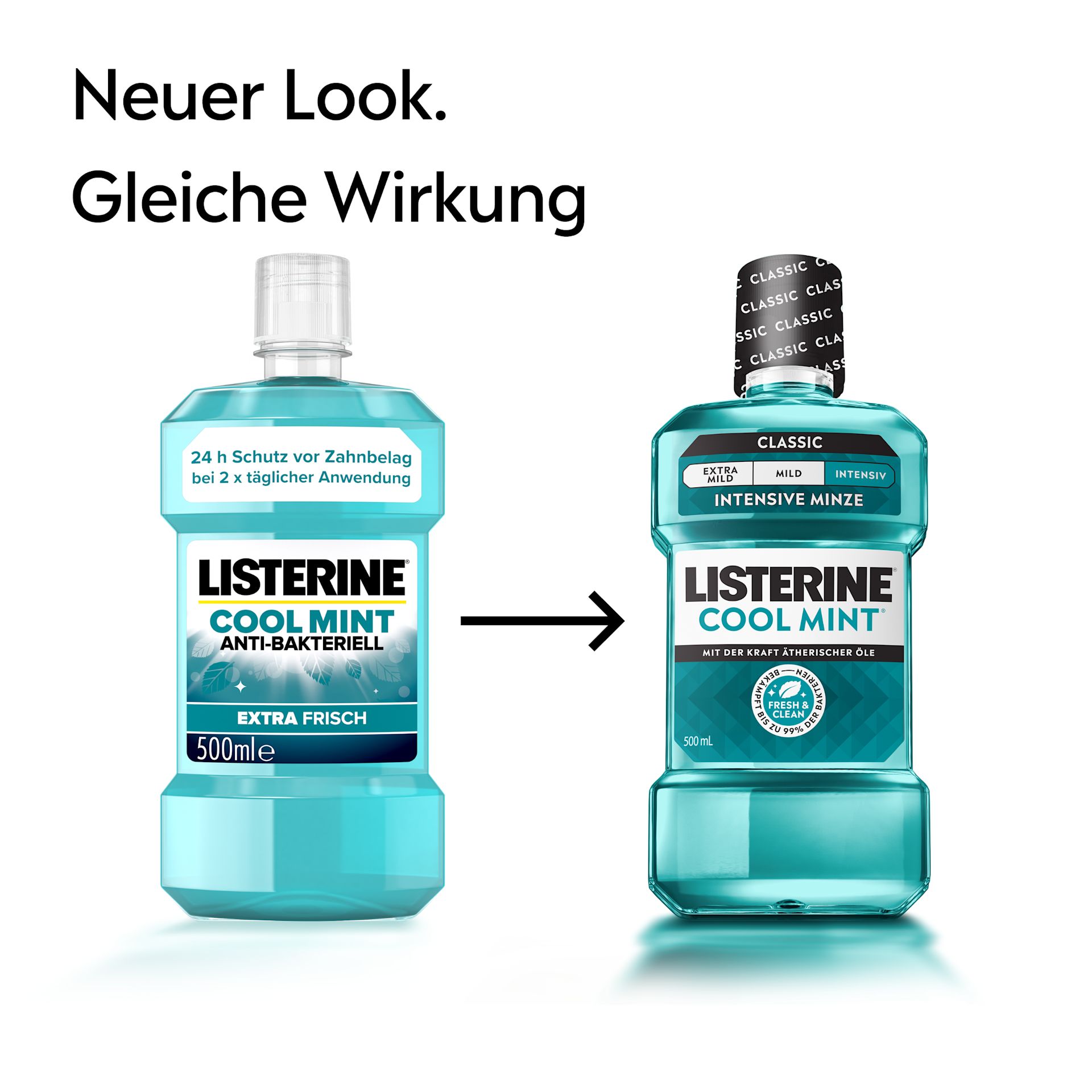 Vergleich zweier LISTERINE® Cool Mint Flaschen mit Hinweis „Neuer Look, gleiche Wirkung“ und Pfeil vom alten zum neuen Verpackungsdesign.