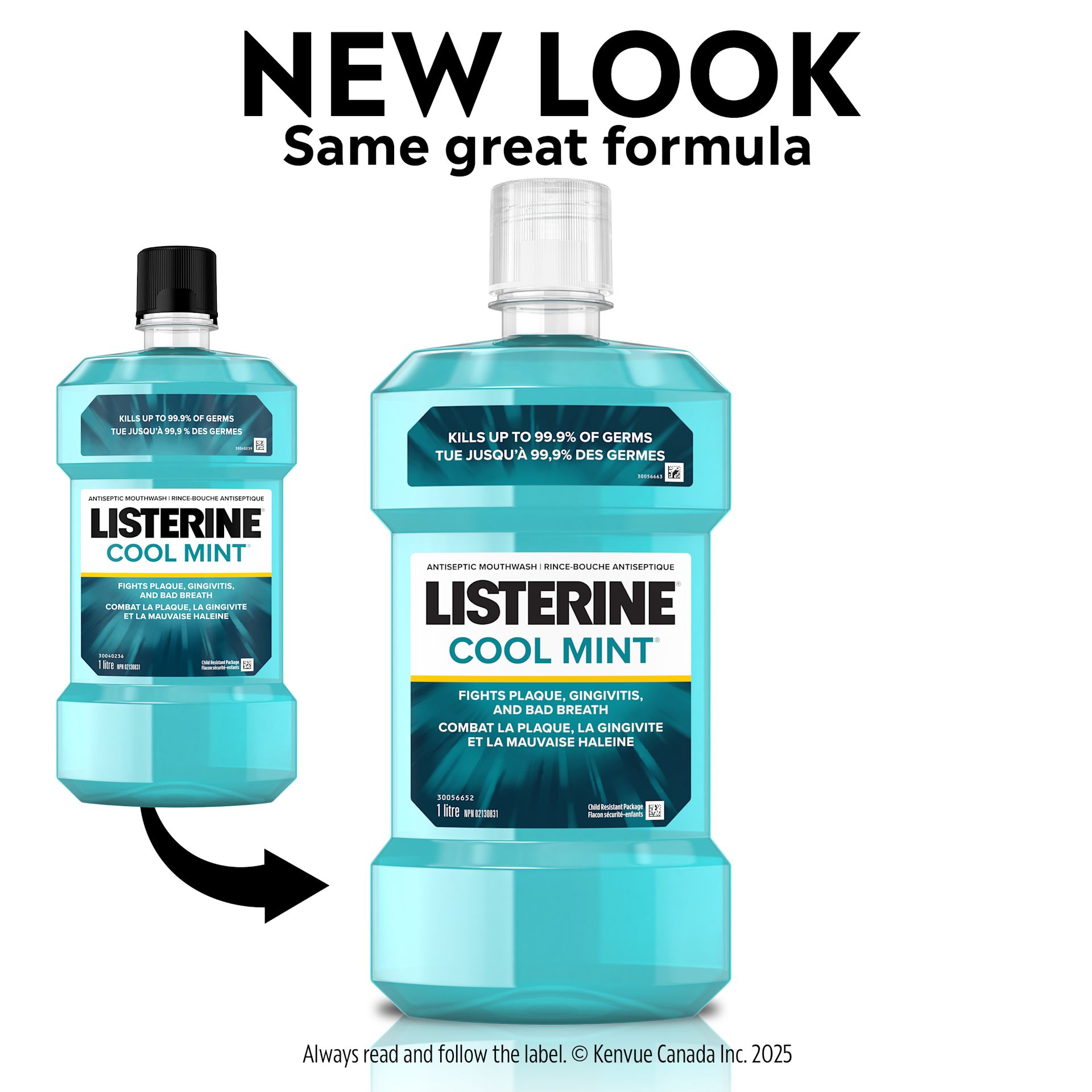 3 flacons de 1 L de rince-bouche antiseptique Listerine®, chacun affichant l’énoncé « Détruit 5X plus de plaque au-dessus de la gencive que la soie dentaire »