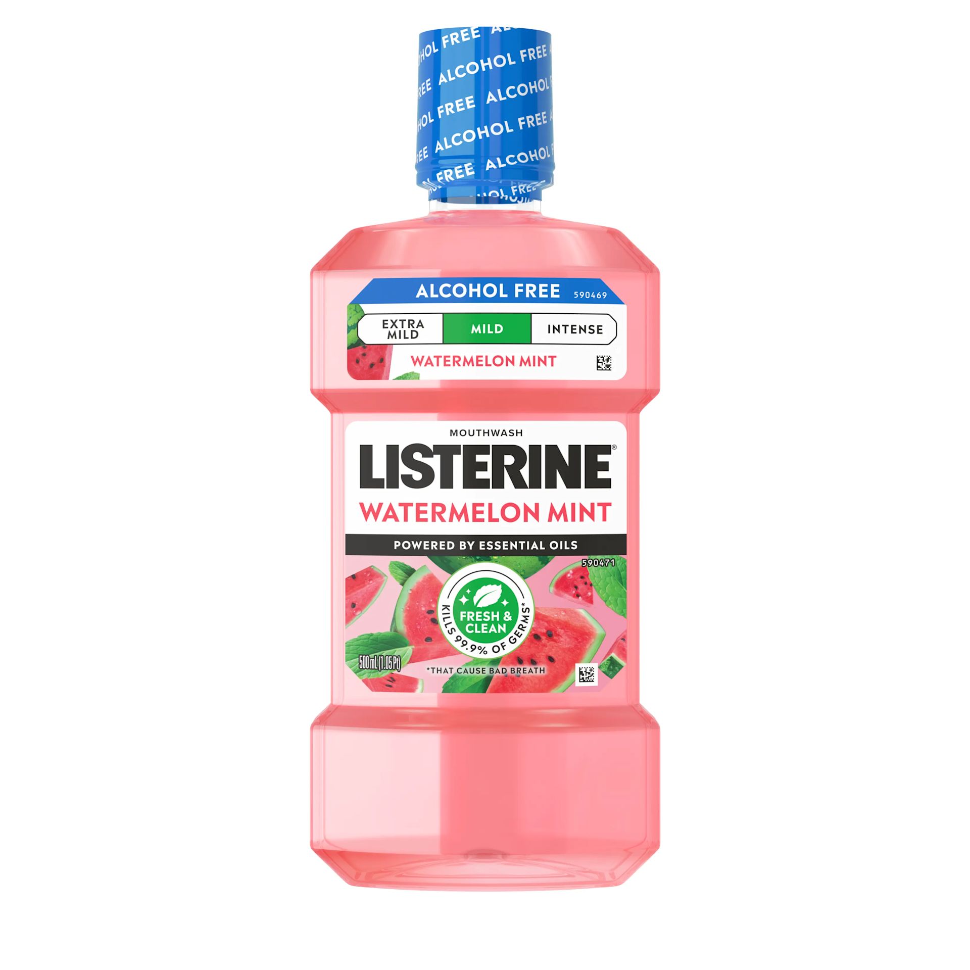 Front pack shot of LISTERINE® Watermelon Mint Alcohol Free Mouthwash 500mL