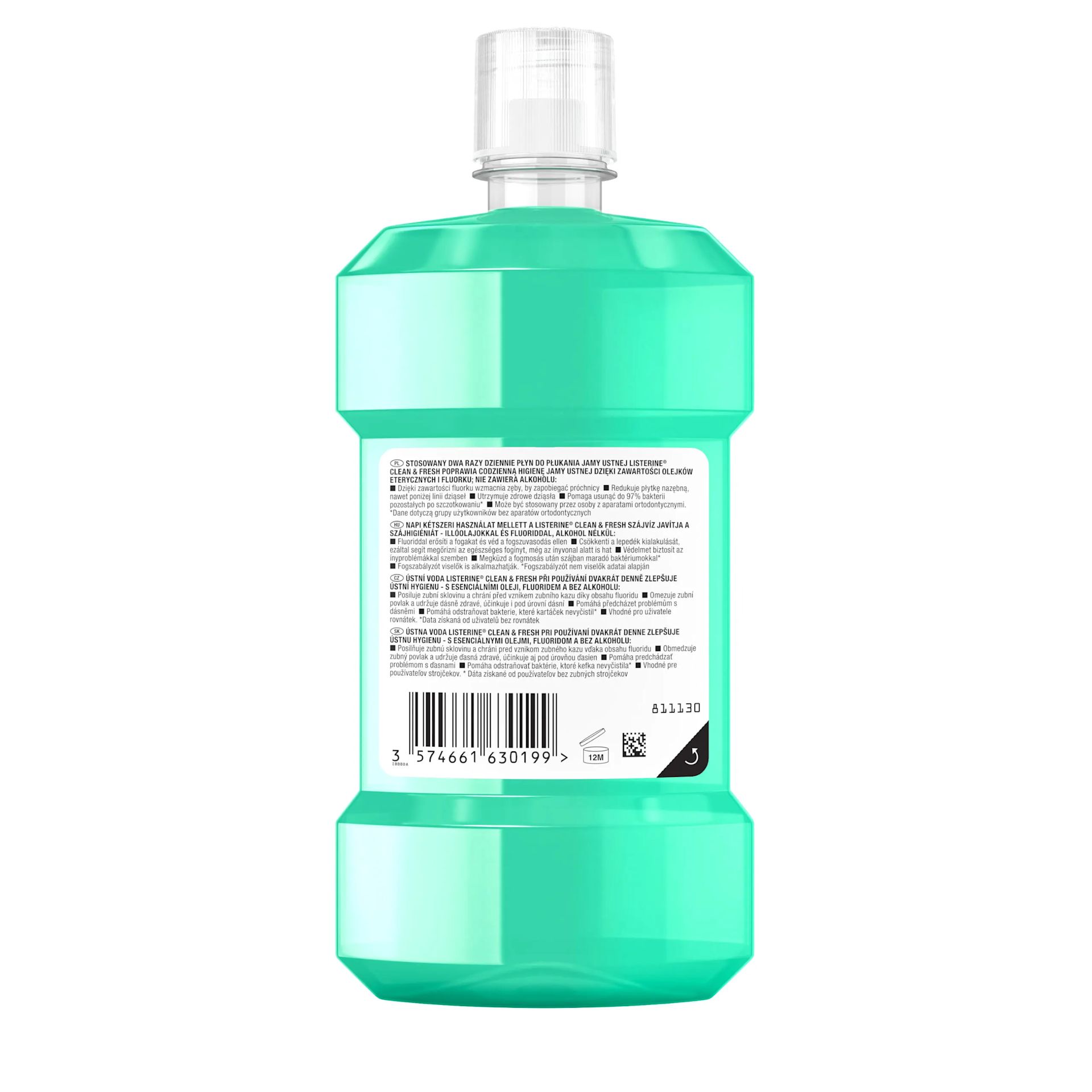 Listerine Clean & Fresh Mild Taste 500 ml termékfotó, reaches the places that toothbrushing misses, even between braces és with & without braces feliratokkal