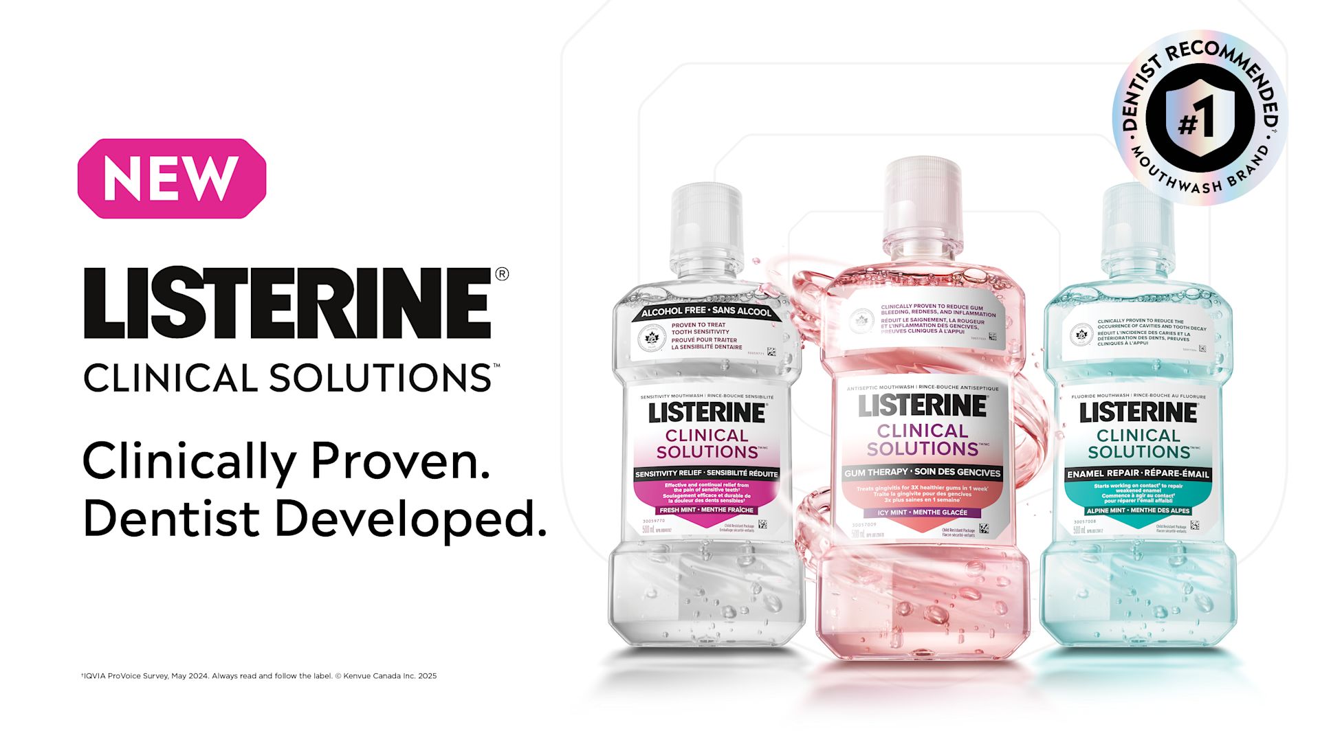 Two Listerine Clinical Solutions Mouthwash bottles for Enamel Repair and Gum Therapy with Dentist Recommended Mouthwash Brand logo
