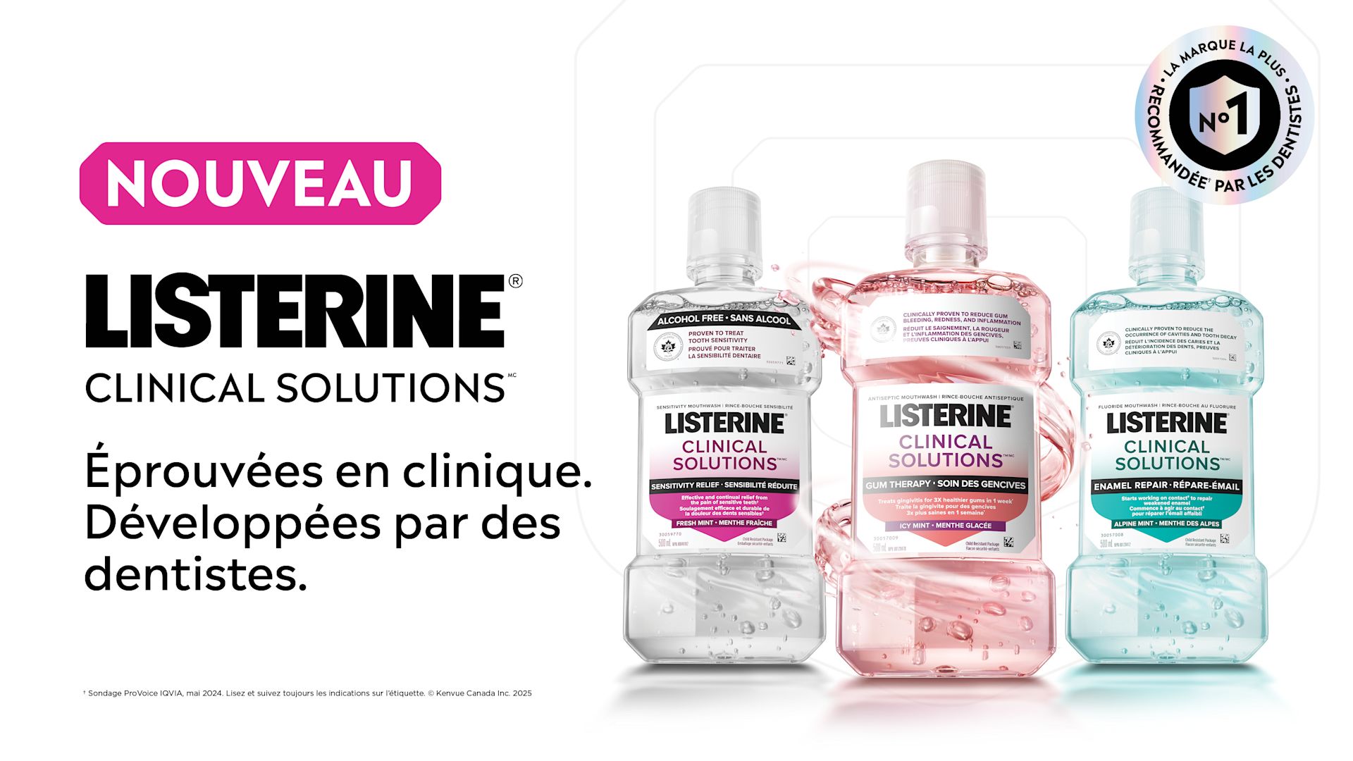 Deux bouteilles de rince-bouche Listerine Clinical Solutions Répare-émail et Soins des gencives , avec le logo de "La Marque La Plus Recommandée Par Les Dentistes"