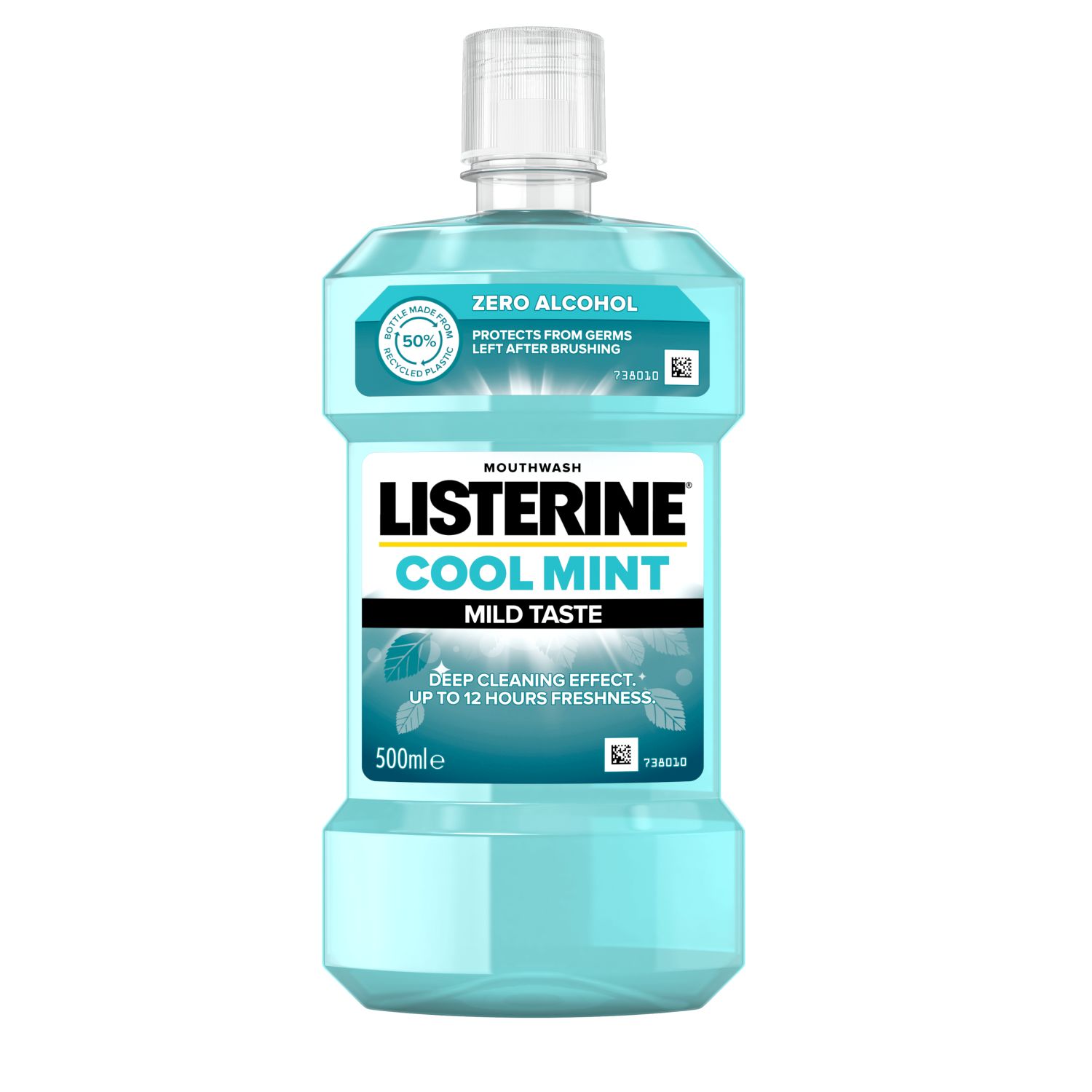 LISTERINE® COOL MINT MILD TASTE Listerine Cool Mint Mild Mint 500 ml termékfotó, Protects from Germs left after brushing és Deep Cleaning effect up to 12 hours freshness feliratokkal