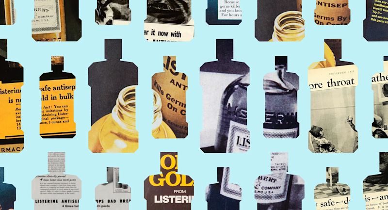 A banner displaying multiple Listerine mouthwash bottles