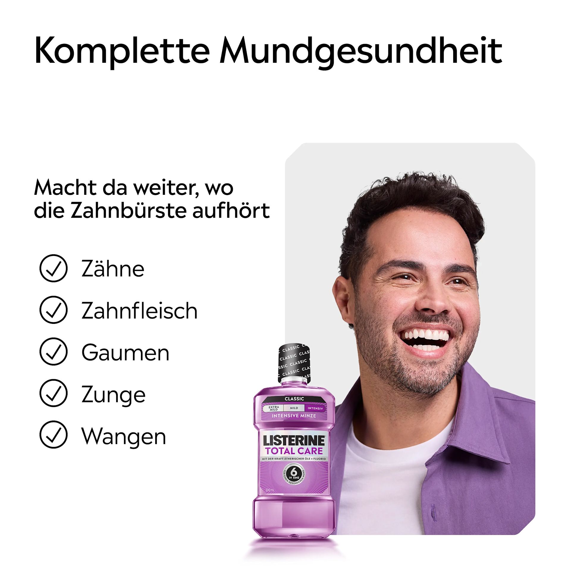 LISTERINE® Total Care Classic Intensive Minze mit Alkohol für umfassende Mundgesundheit.