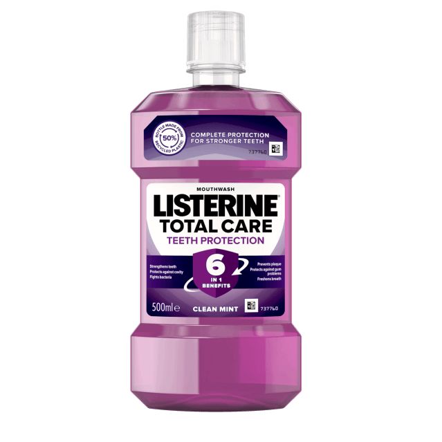 Listerine Total Care Teeth Protection 6 benefits in 1 500 ml termékfotó, complete protection for stronger teeth, strengthens teeth, protects against cavity, fights bacteria, prevents plaque, protects against gum problems, freshens breath feliratokkal
