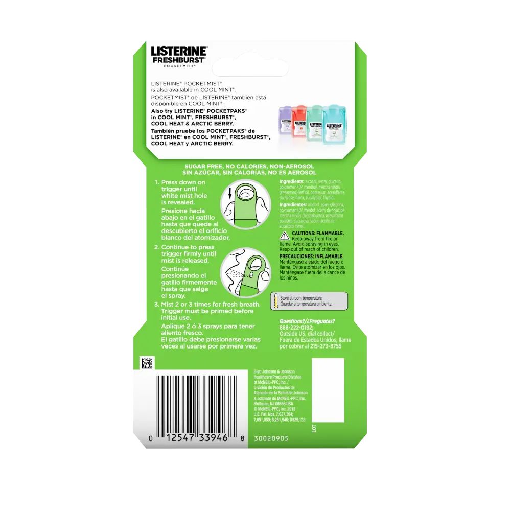 Back Pack Shot of LISTERINE® POCKETMIST® Fresh Breath Spray FRESHBURST 7.7mL