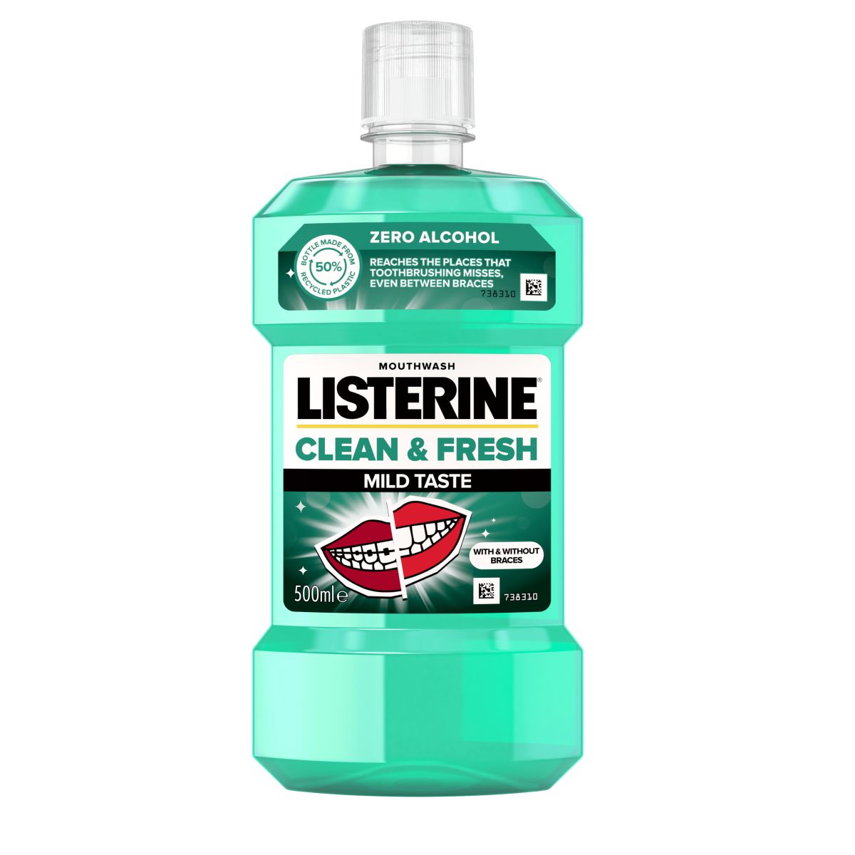 Listerine Clean & Fresh Mild Taste 500 ml termékfotó, reaches the places that toothbrushing misses, even between braces és with & without braces feliratokkal