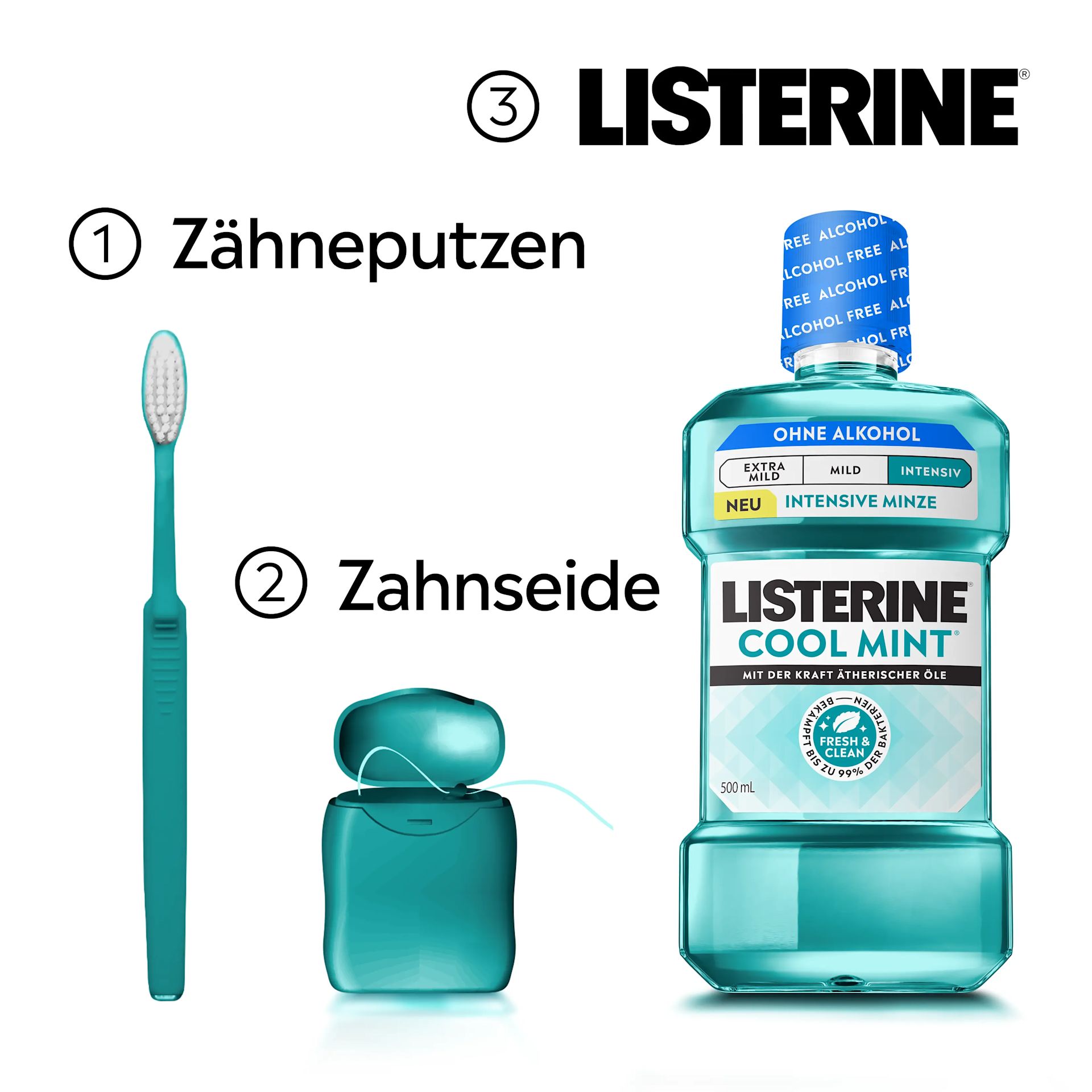 Drei Schritte der Mundpflege: Zähneputzen, Zahnseide und LISTERINE® Cool Mint Mundspülung ohne Alkohol.