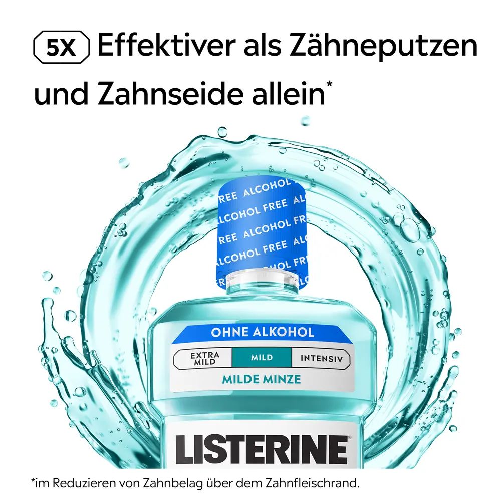 LISTERINE® COOL MINT Milde Minze ohne Alkohol mit 5×‑Wirksamkeits‑Hinweis zur Reduzierung von Zahnbelag am Zahnfleischrand.
