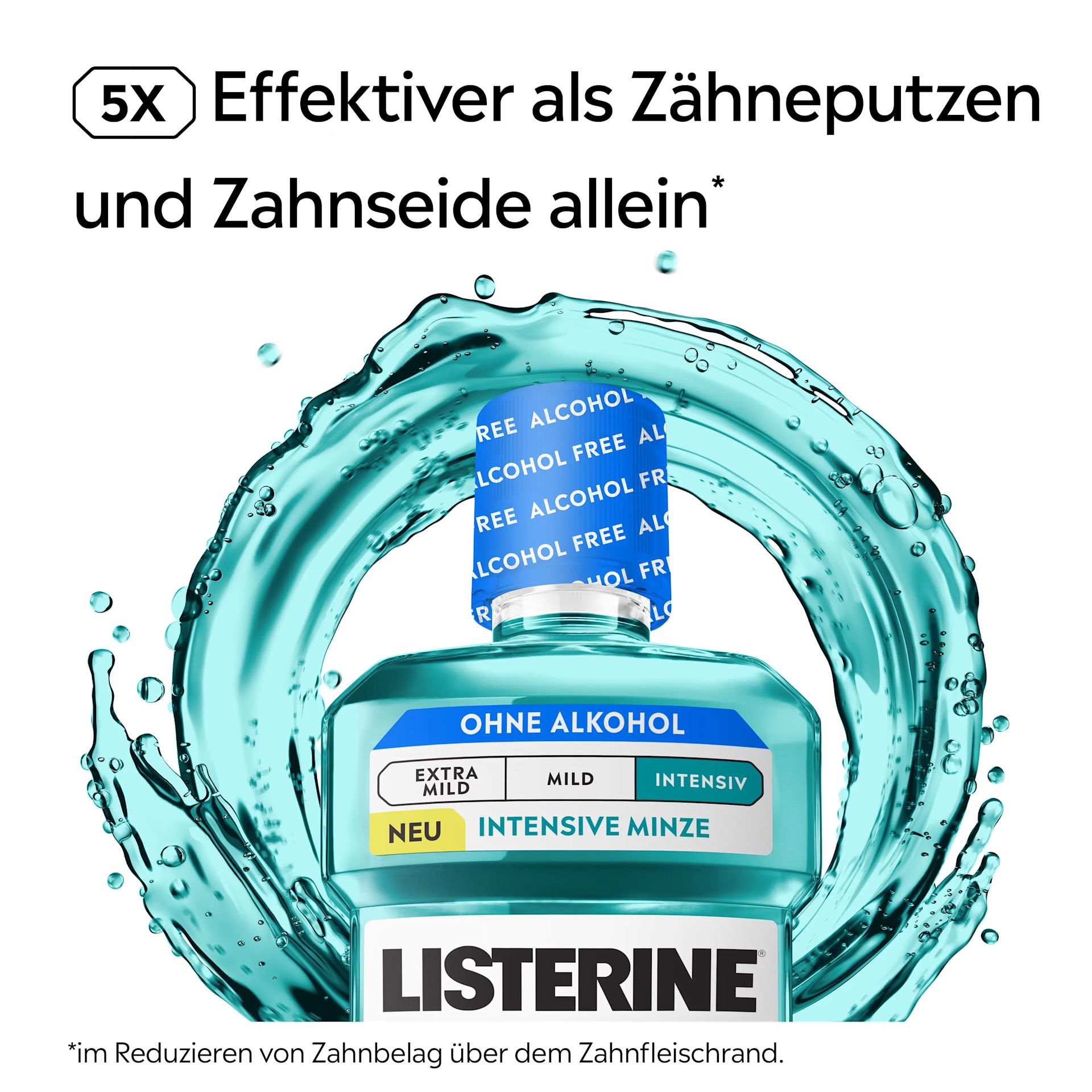 LISTERINE® Cool Mint Mundspülung ohne Alkohol mit Hinweis „5× effektiver als Zähneputzen und Zahnseide allein“ vor türkisfarbener Wasserspritz-Grafik.
