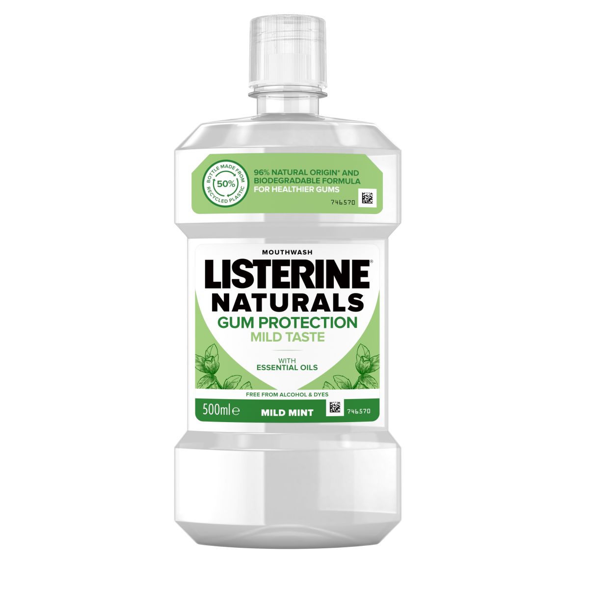 Listerine Naturals Gum Protection Mild Taste 500 ml termékfotó, 96% naturals origin and biodegradable formula for healthier gums felirattal