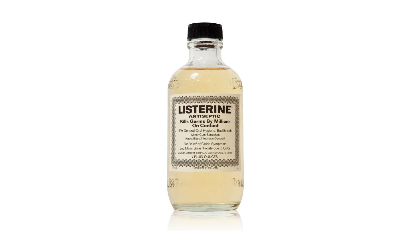 Glass bottle of original Listerine® Antiseptic mouthwash.