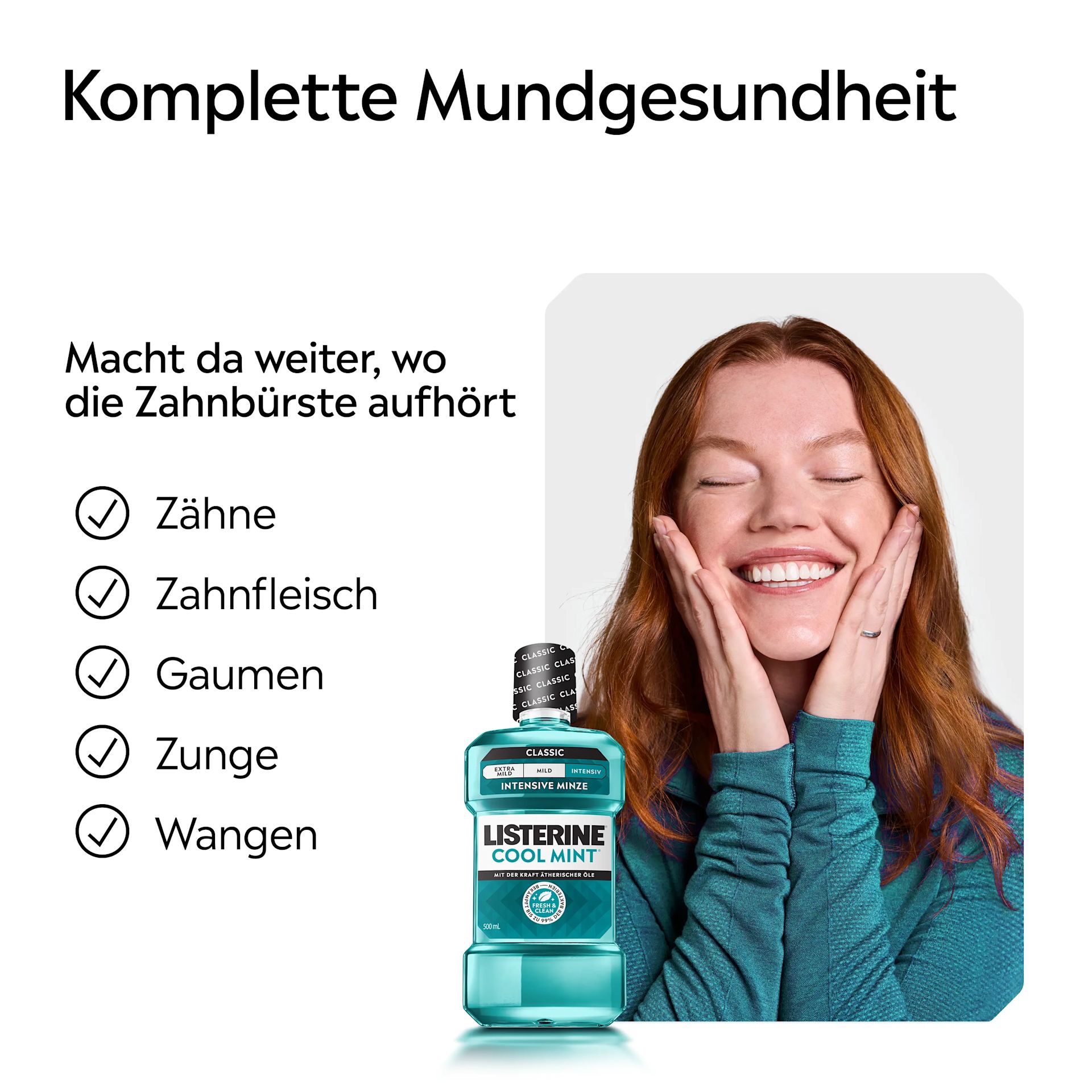 LISTERINE® Cool Mint Intensive Minze Mundspülung (Classic, mit Alkohol) mit Hinweis auf komplette Mundgesundheit für Zähne, Zahnfleisch, Gaumen, Zunge und Wangen.