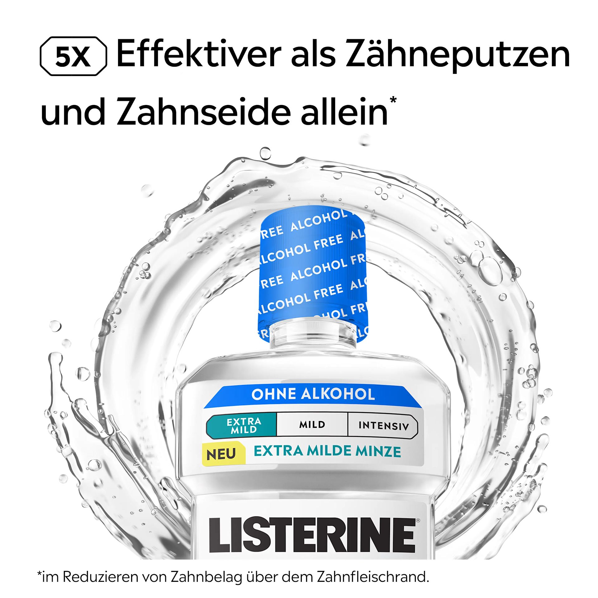 LISTERINE® COOL MINT Extra Mild alkoholfreie Mundspülung – „Extra milde Minze“ Flasche im kreisförmigen Wasser-Splash, Claim „5x effektiver als Zähneputzen und Zahnseide allein“*​  Plaque-Reduktion & frischer Atem ohne Alkohol