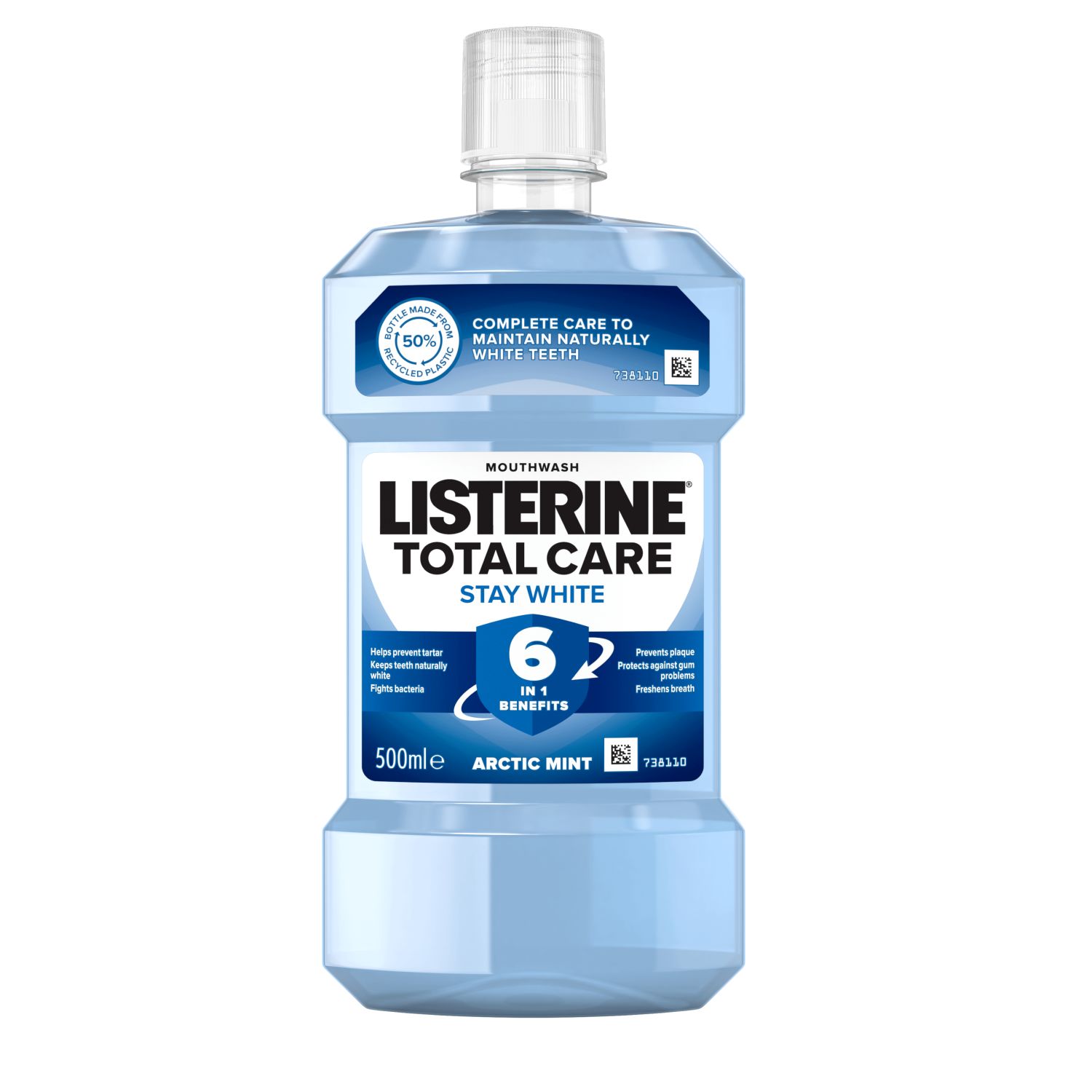 LISTERINE® TOTAL CARE STAY WHITE Listerine Total Care Stay White 6 benefits in 1 500 ml termékfotó, complete care to maintain naturally white teeth, helps prevent tartar, keeps teeth naturally white, fights bacteria, prevents plaque, protects against gum problems, freshens breath