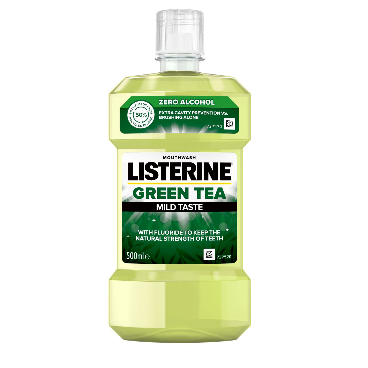 Megosztás LISTERINE® GREEN TEA MILD TASTE Listerine Green Tea Mild Taste 500 ml termékfotó, extra cavity prevention vs. brushing alone és with fluoride to keep the natural strength of teeth feliratokkal