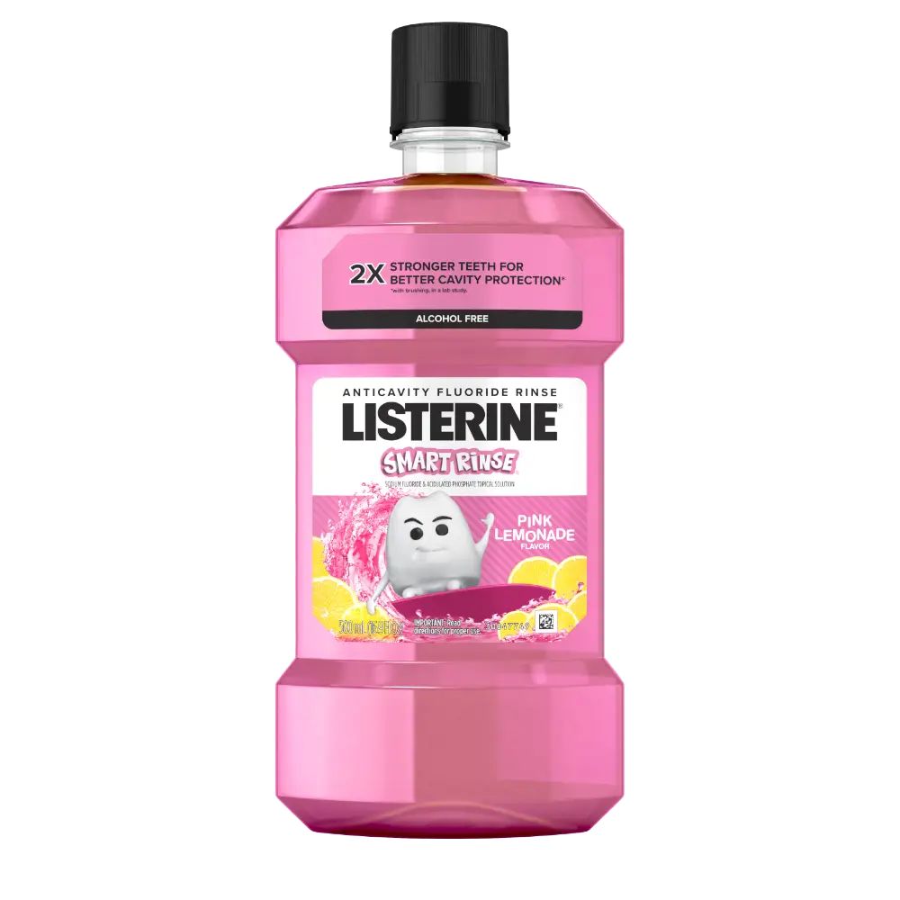Front Pack Shot of LISTERINE® SMART RINSE® Kids Fluoride Mouthwash Pink Lemonade 500mL