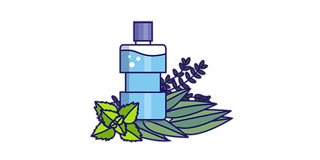 Mouthwash icon with eucalyptol, thymol, menthol