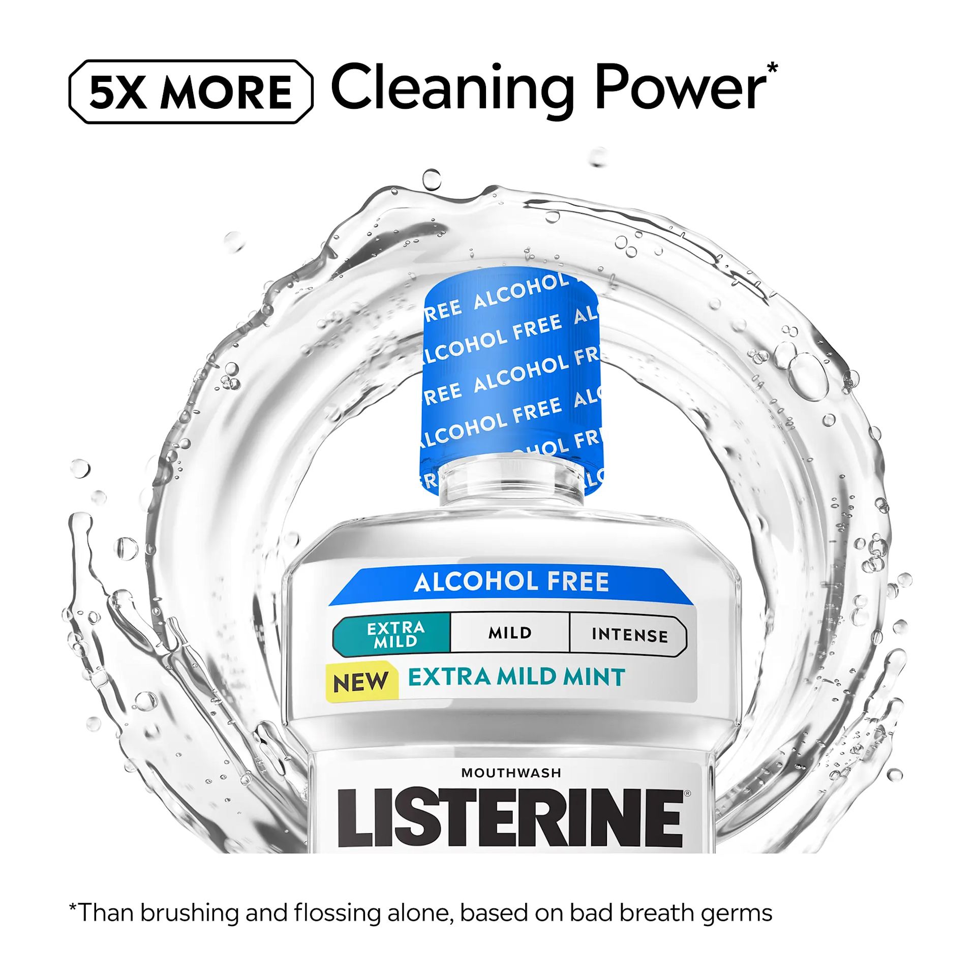 LIS B+ Feature CM Extra Mild RGB 04 LISTERINE® Extra Mild Alcohol-Free Mouthwash COOL MINT 5x more cleaning power