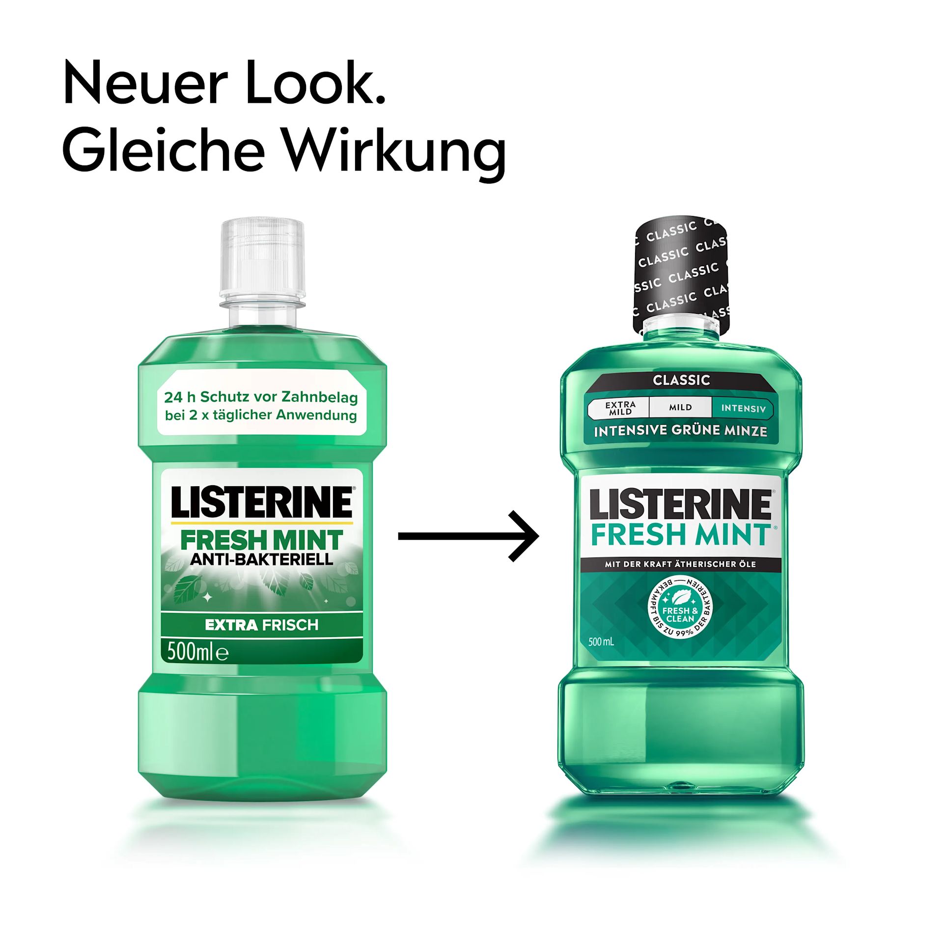 LISTERINE® FRESH MINT Intensive Grüne Minze (Classic) mit Alkohol im Vergleich von altem und neuem Design mit Hinweis „Neuer Look, gleiche Wirkung“.