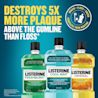Three LISTERINE® Antiseptic Mouthwash bottles, 1L each with a statement ‘Destroys 5X more plaque above the gumline than floss’ and a logo about ‘Brush, Floss, Swish’