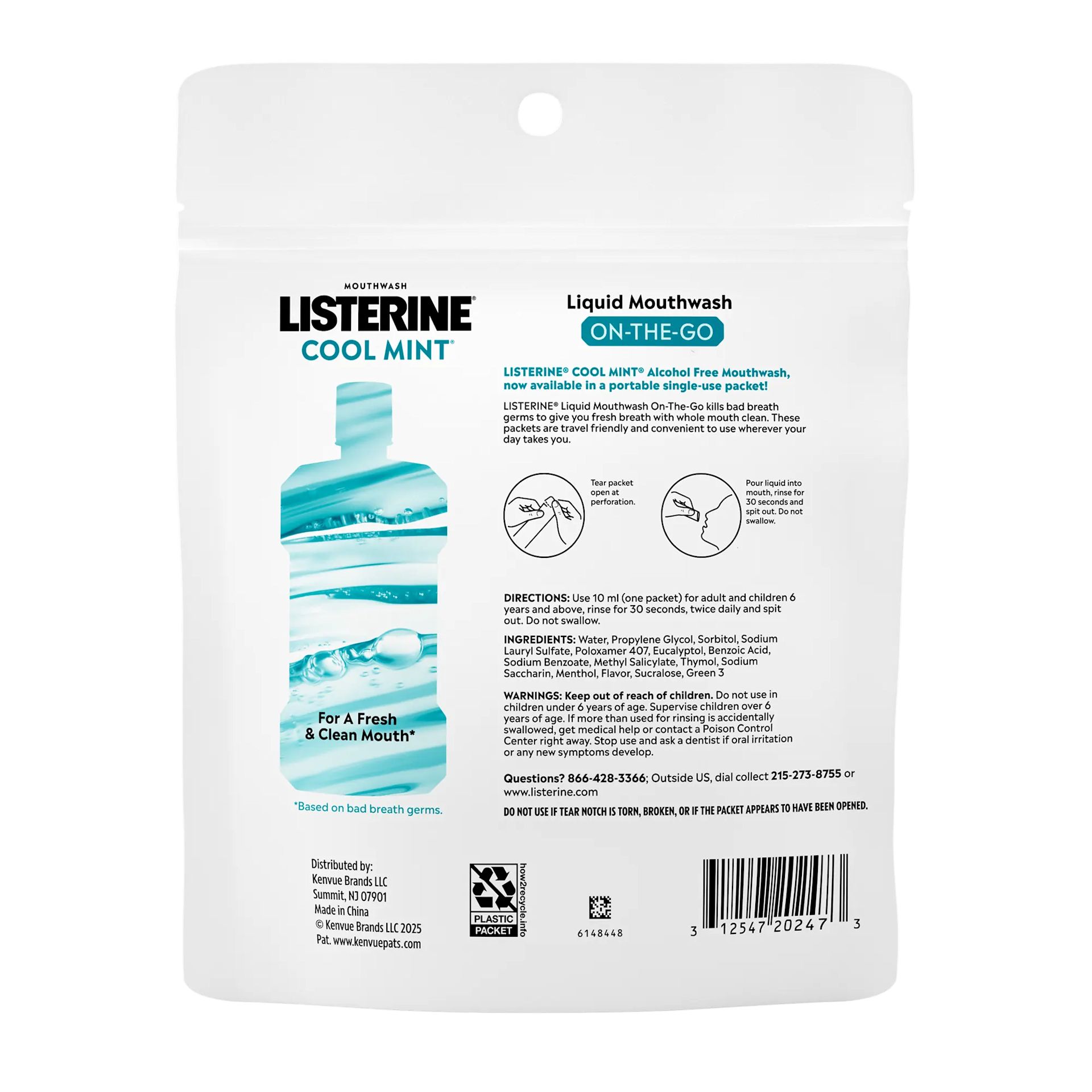 Back pack shot of Listerine® On-The-Go Cool Mint Alcohol Free Mouthwash Packets 10ML 30count