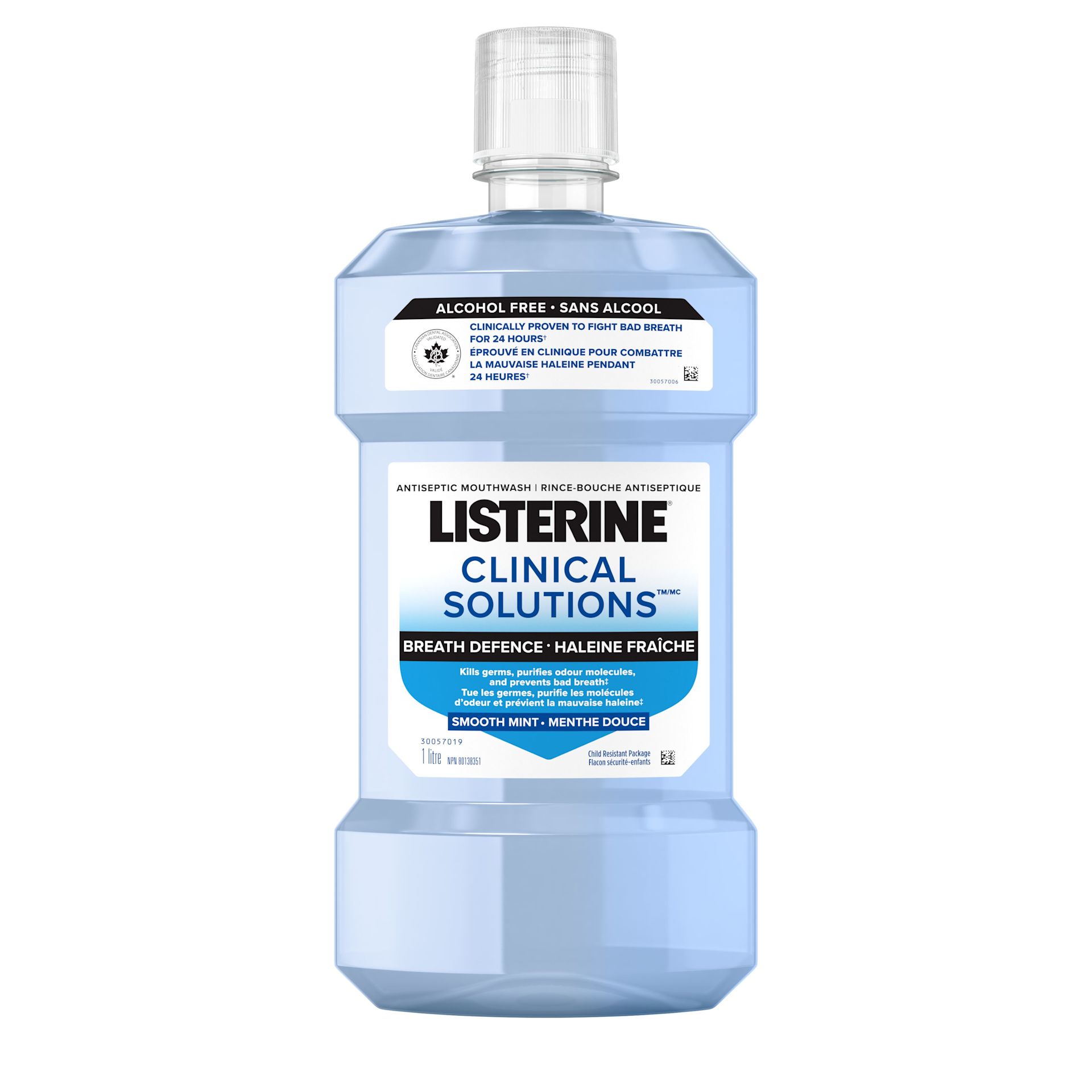 Vue de face du rince-bouche antiseptique LISTERINE® Clinical SolutionsMC Breath Defence, à saveur de menthe alpine, bouteille de 1 L