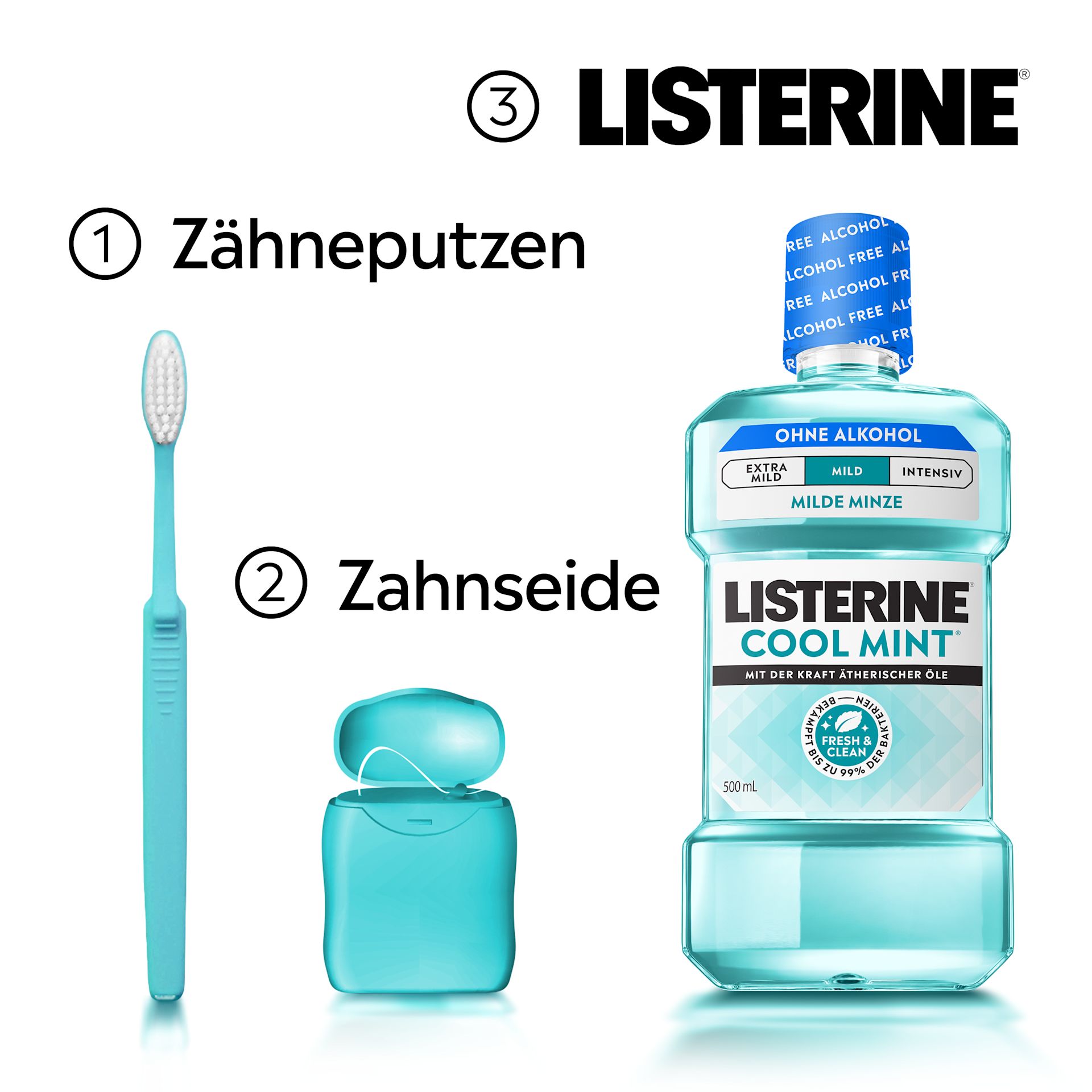 Drei Schritte der Mundpflege: Zähneputzen, Zahnseide und LISTERINE® COOL MINT Milde Minze Mundspülung ohne Alkohol als abschließender Schritt.