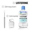 Mundpflegeroutine mit Zähneputzen, Zahnseide und LISTERINE® Cool Mint Extra Milde Minze ohne Alkohol.