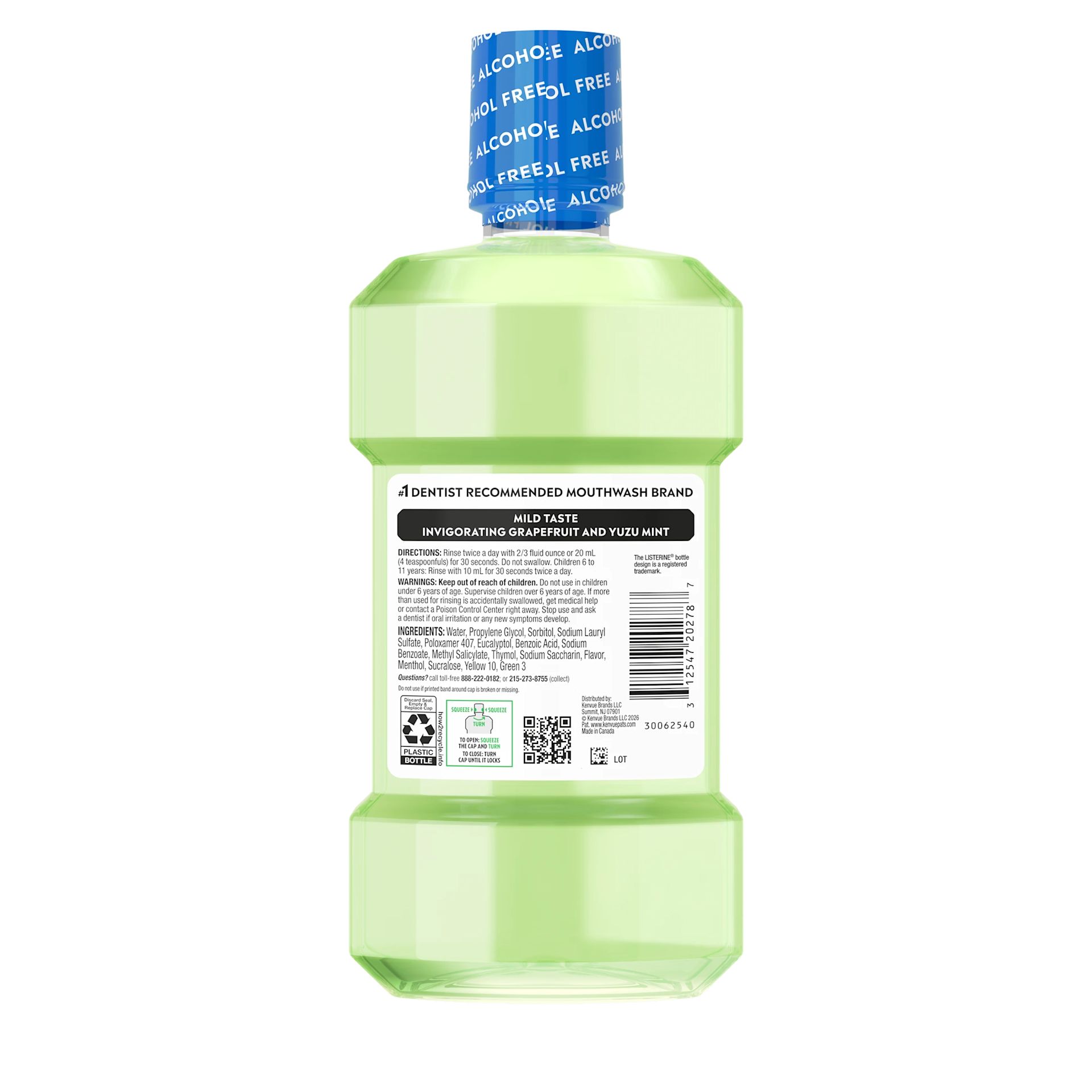 Back pack shot of LISTERINE®  Citrus Mint Alcohol Free Mouthwash, 500ml