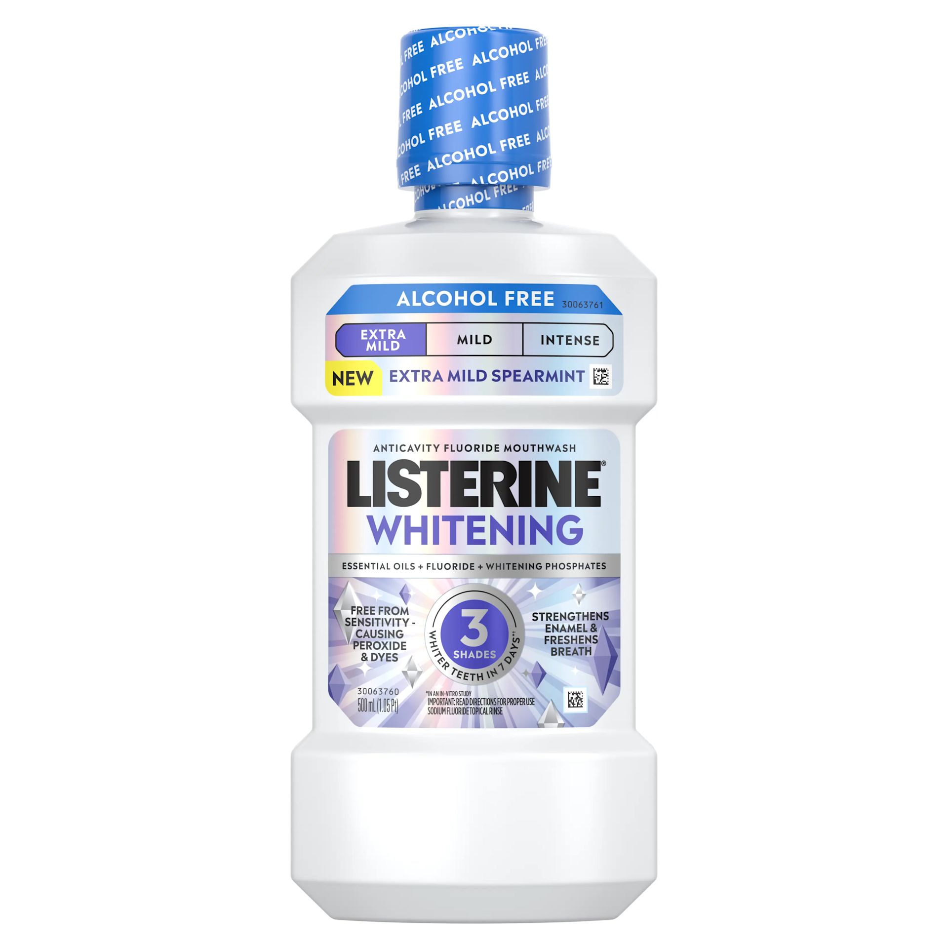 Front pack shot of LISTERINE® Whitening Alcohol-Free Extra Mild Mouthwash 500ml