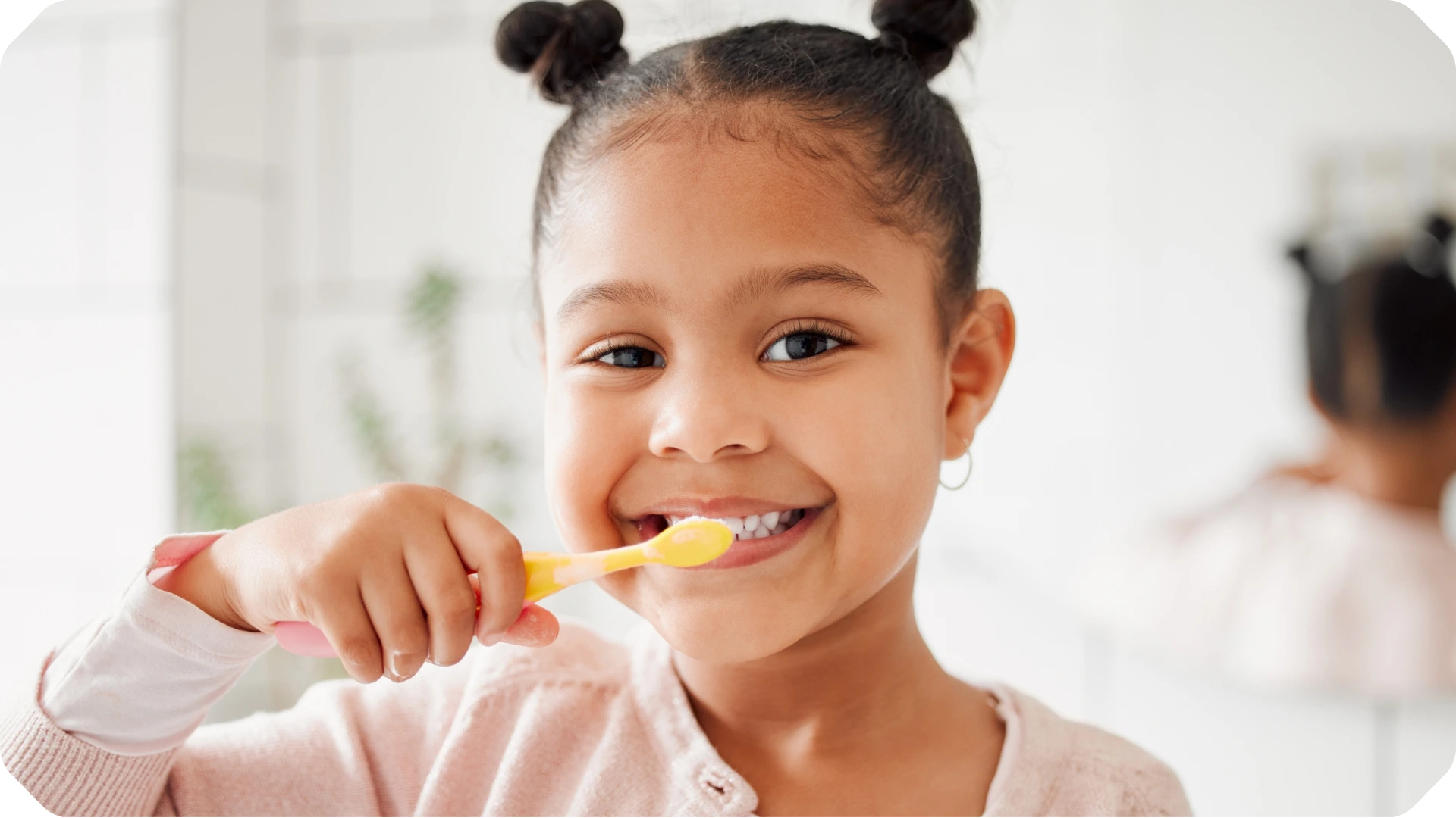 Step 1: Brush: Image of a girl radiant smiling while brushing her teeth