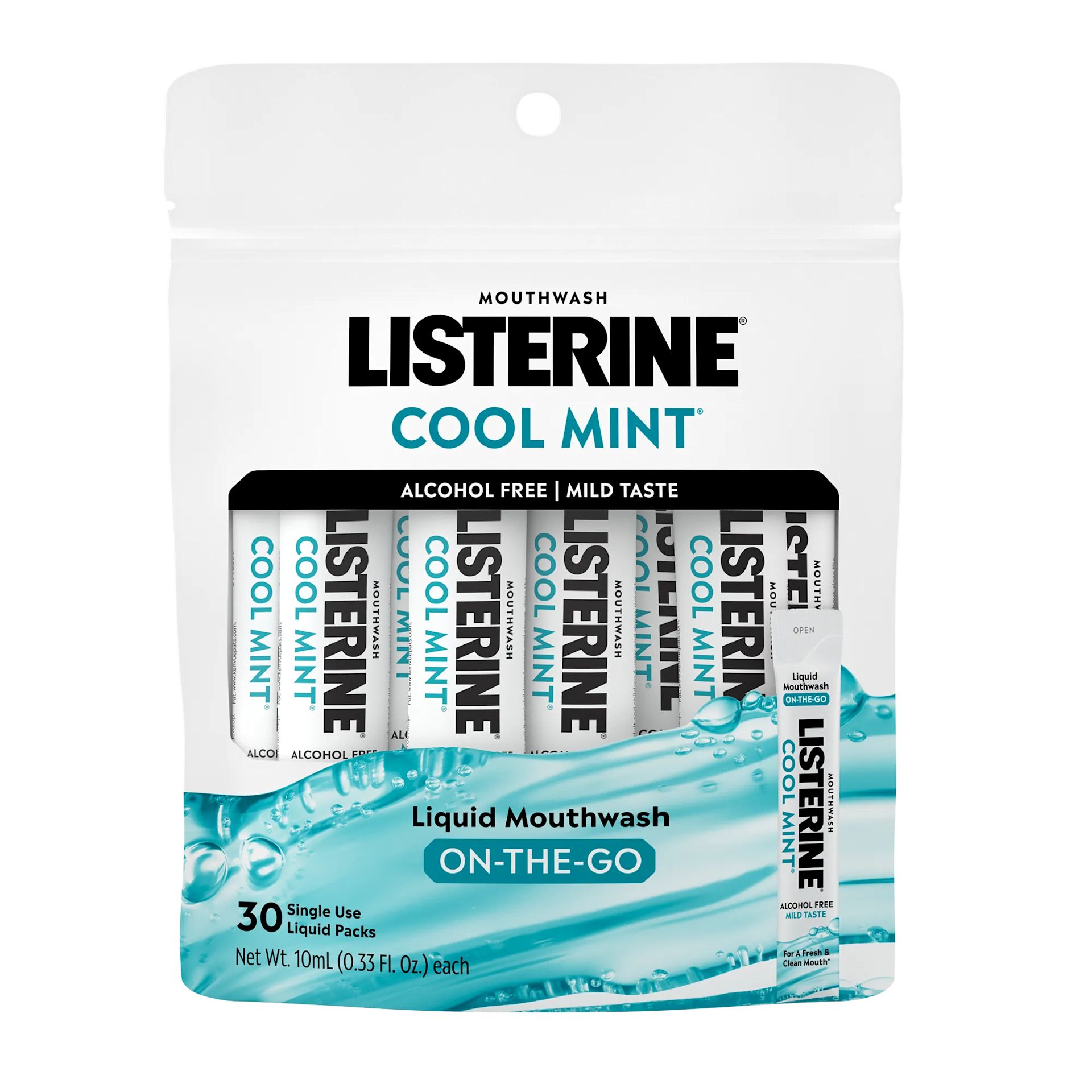 Front pack shot of Listerine® On-The-Go Cool Mint Alcohol Free Mouthwash Packets 10ML 30count